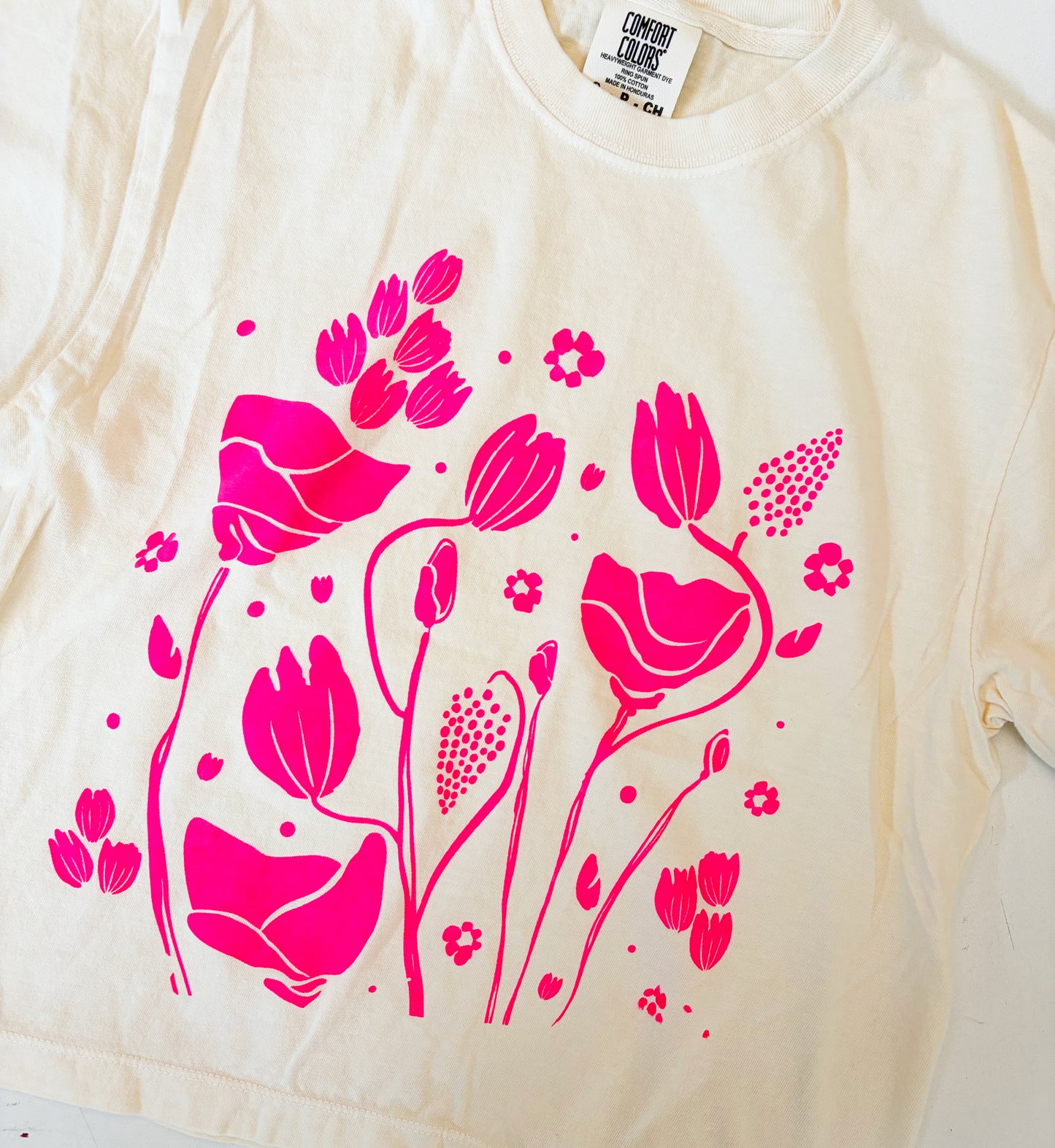Tshirt Limited Edition NEON PINK FLOWERS on Beige Boxy Fit Cotton - Original Screen Print - Women