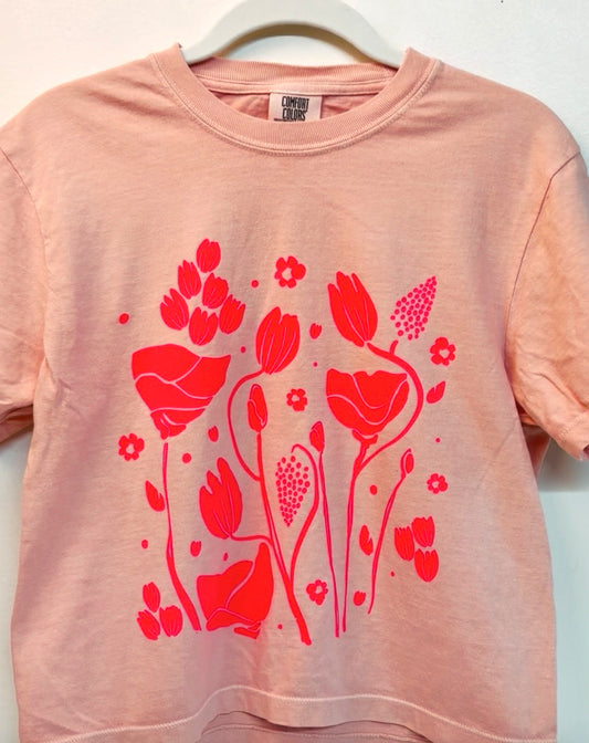 Tshirt Limited Edition NEON PINK FLOWERS Boxy Fit Cotton - Original Screen Print - Women