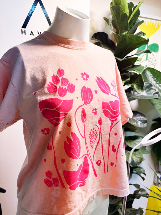 Tshirt Limited Edition NEON PINK FLOWERS Boxy Fit Cotton - Original Screen Print - Women