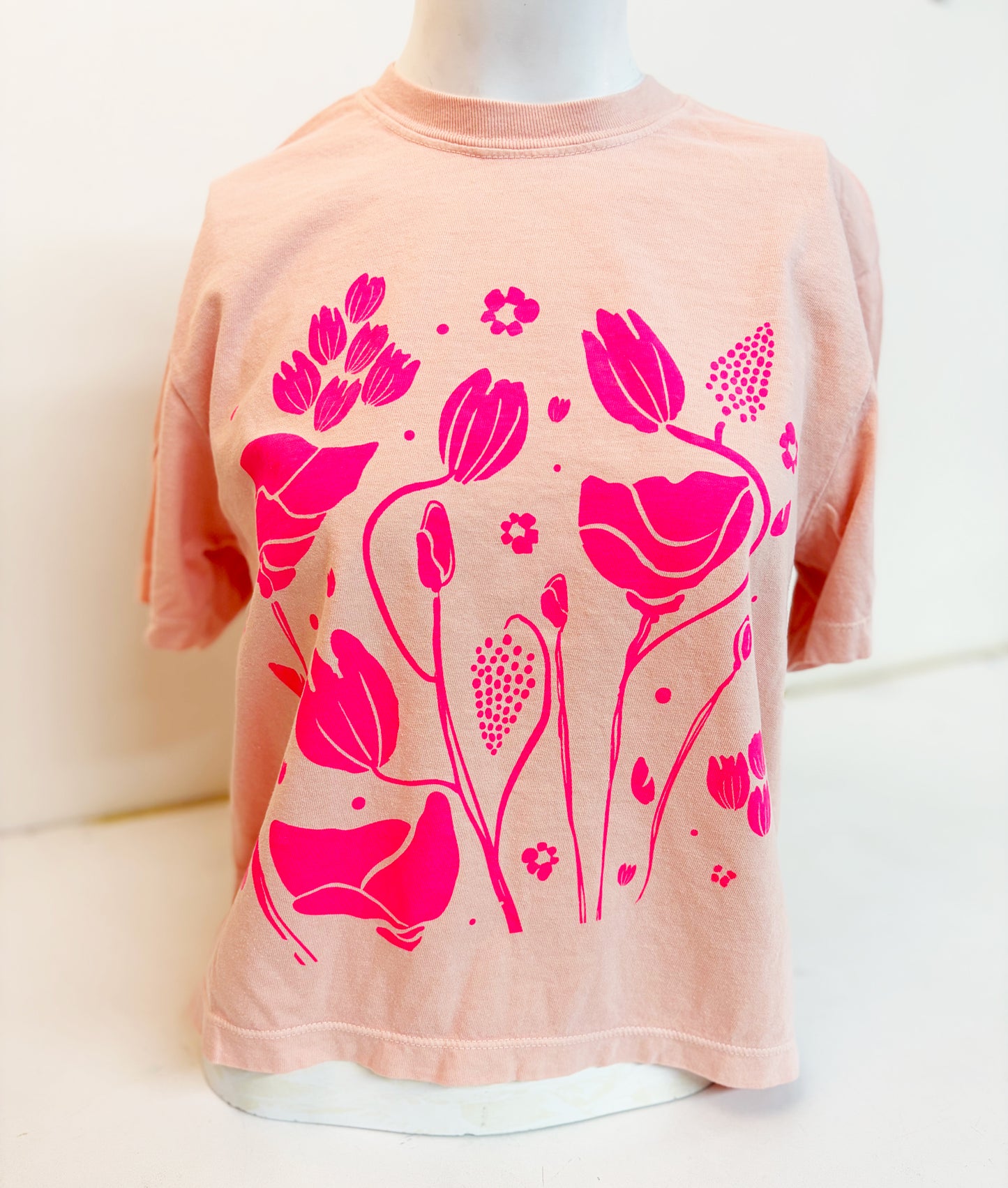 Tshirt Limited Edition NEON PINK FLOWERS Boxy Fit Cotton - Original Screen Print - Women