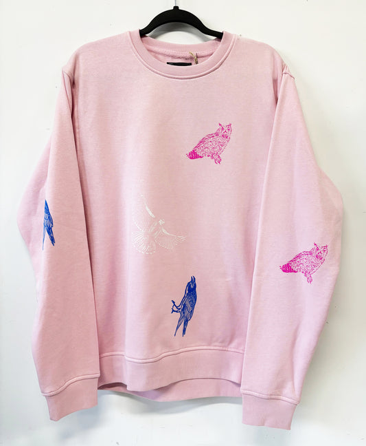 Pink Crewneck - Pink Owl Blue Raven White Hawk - Hand Printed - One of a Kind - Apparel