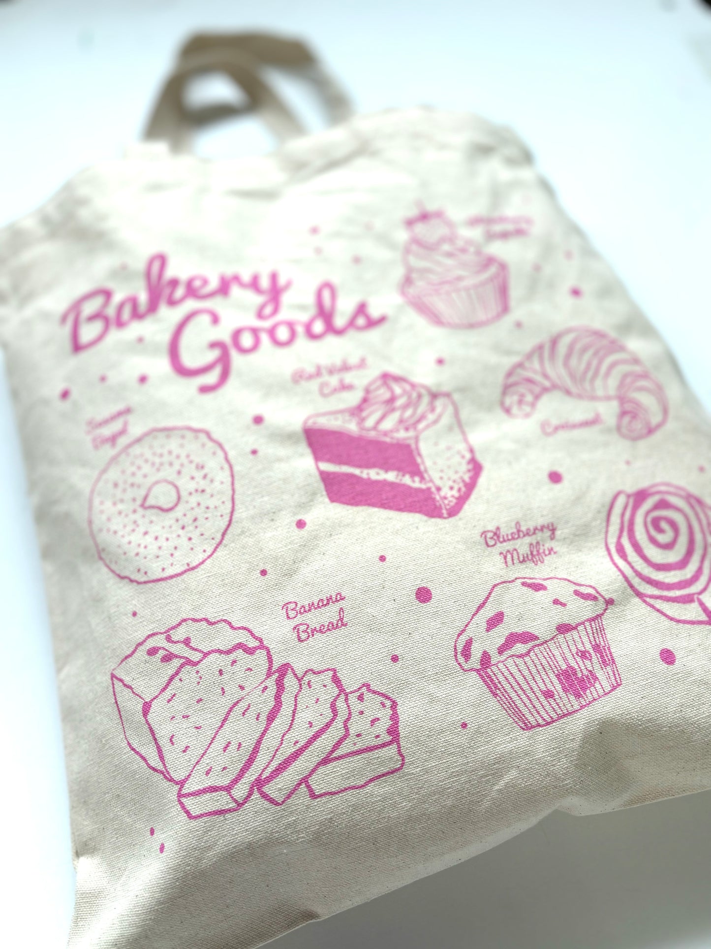 Bakery Goods Fun Pink Hand Printed Every Day Cotton Tote