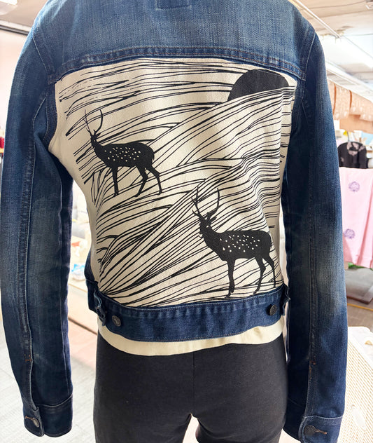 One of a Kind Upcycled Denim Jacket with Hand Printed ELKS