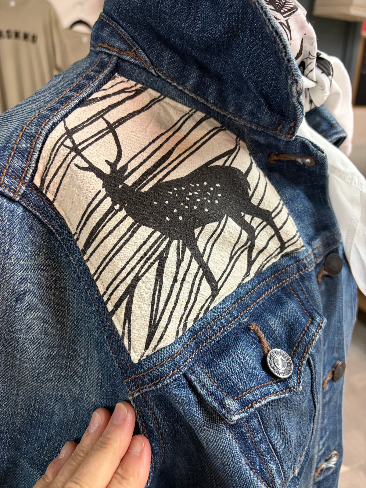 One of a Kind Upcycled Denim Jacket with Hand Printed ELKS