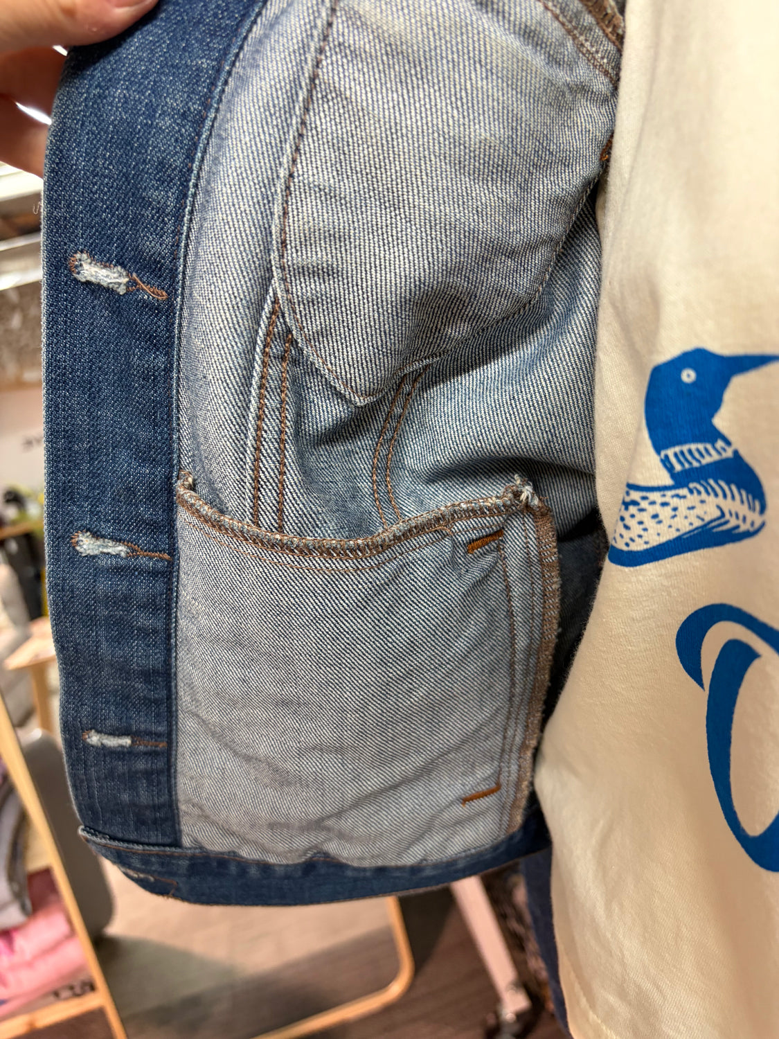 One of a Kind Upcycled Denim Jacket with Hand Printed ELKS