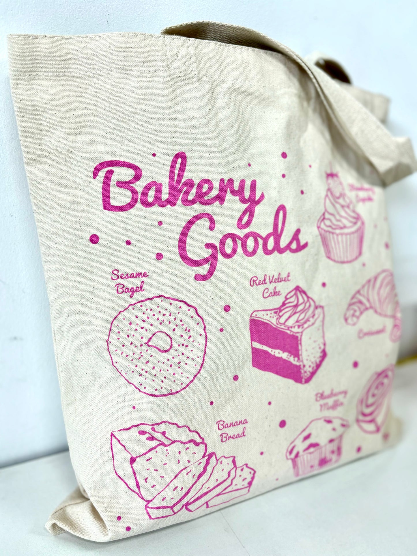 Bakery Goods Fun Pink Hand Printed Every Day Cotton Tote