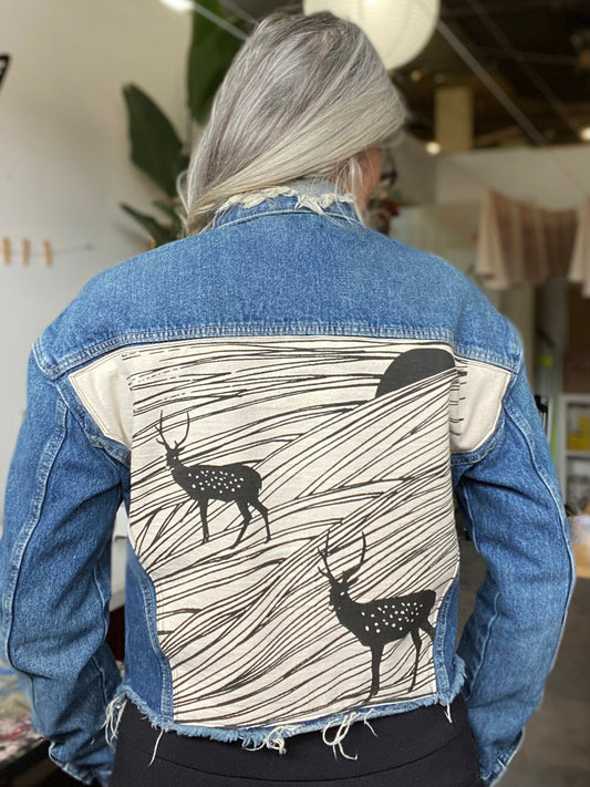 One of a Kind Upcycled Jean Jacket with Hand Printed Elk Sunset Organic Cotton Fabric