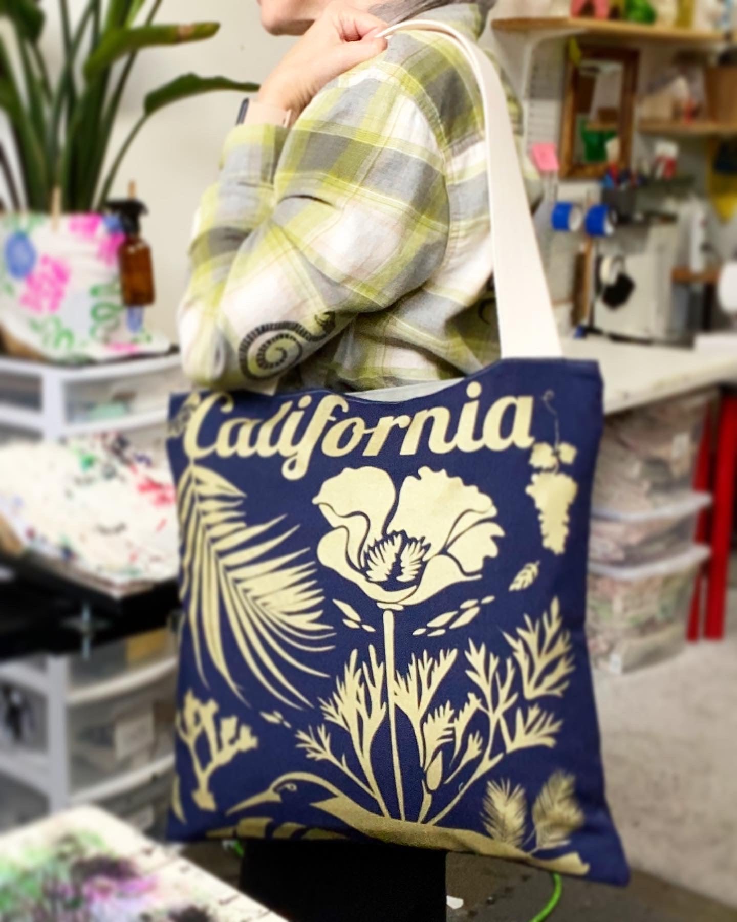 One of a Kind Tote Bag | Hand Made and Printed | California gold, blue, grey interior