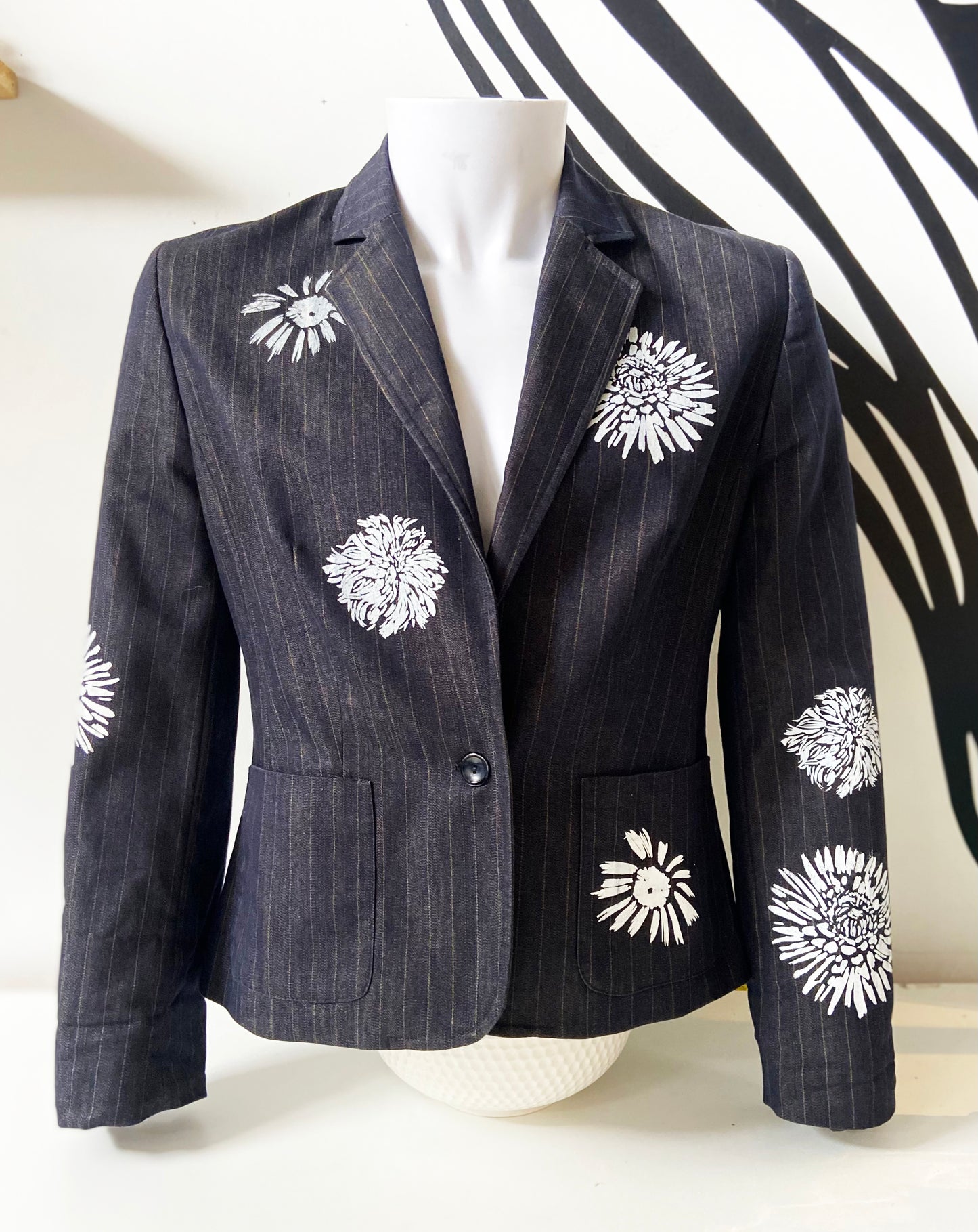 One of a Kind Hand Printed Flowers on Striped Blazer