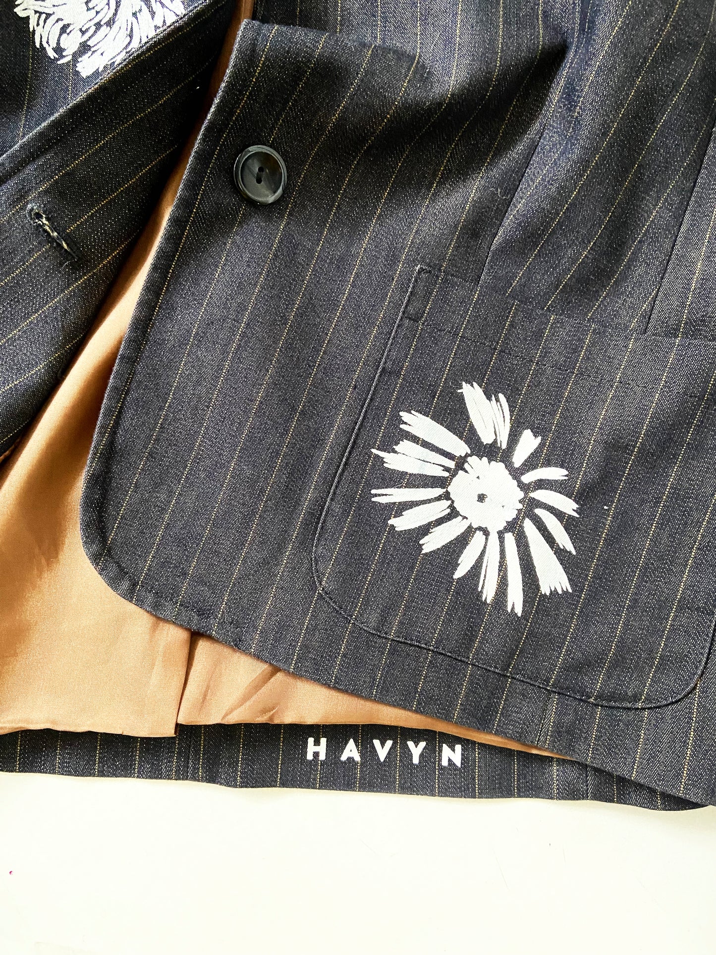 One of a Kind Hand Printed Flowers on Striped Blazer