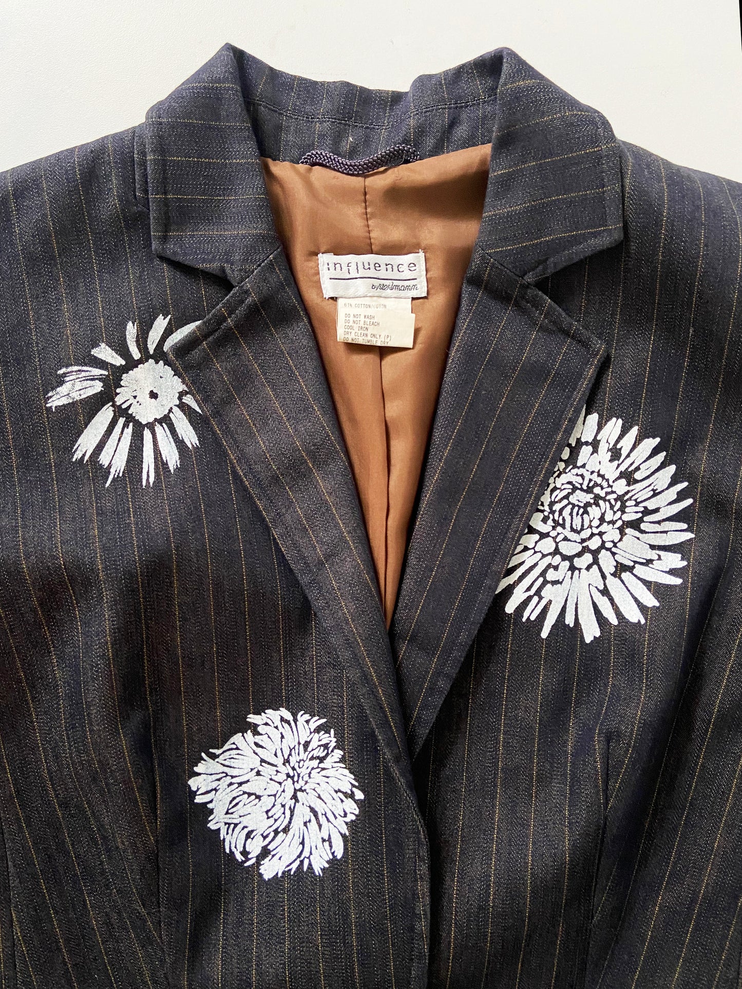 One of a Kind Hand Printed Flowers on Striped Blazer