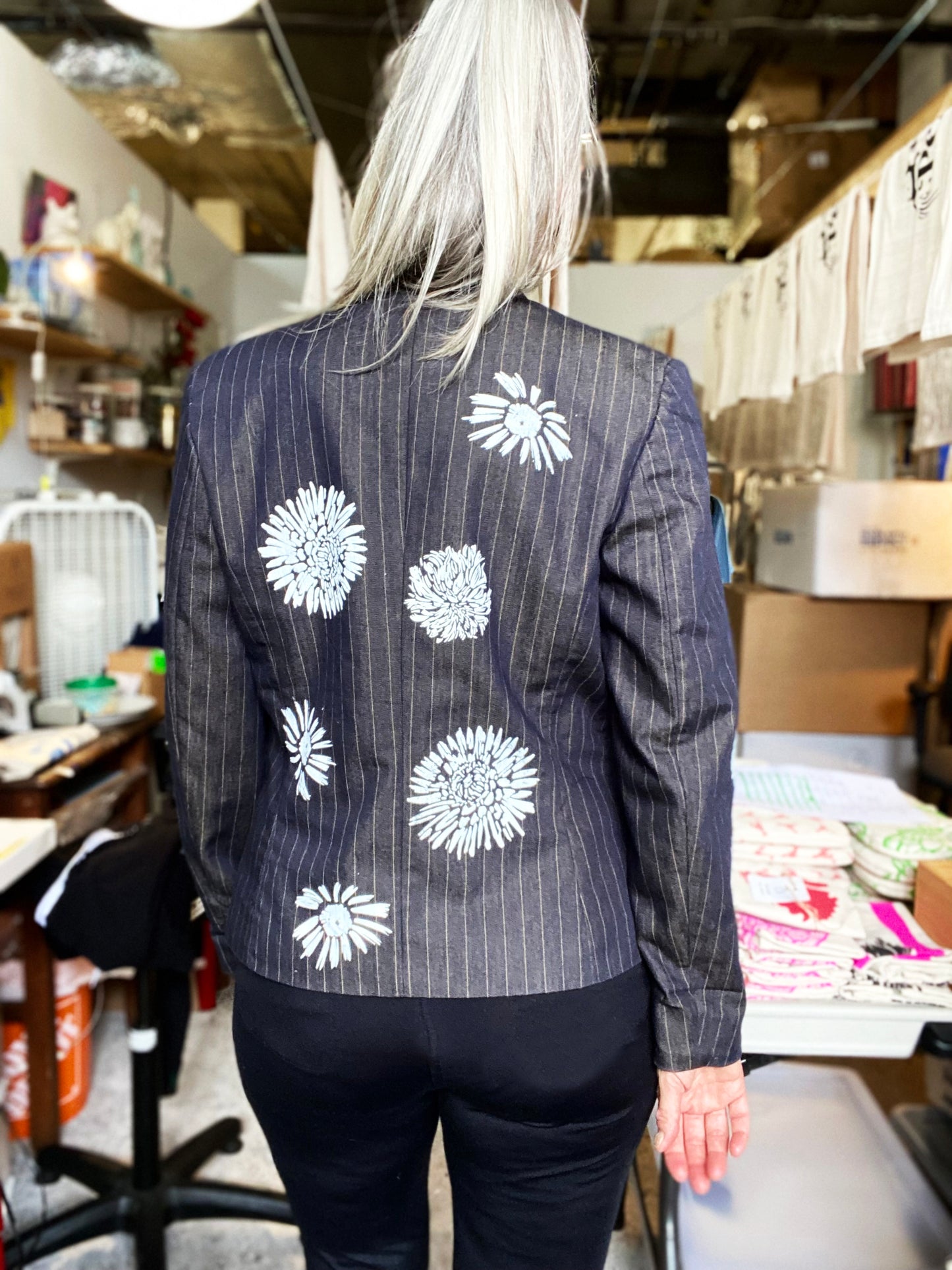 One of a Kind Hand Printed Flowers on Striped Blazer