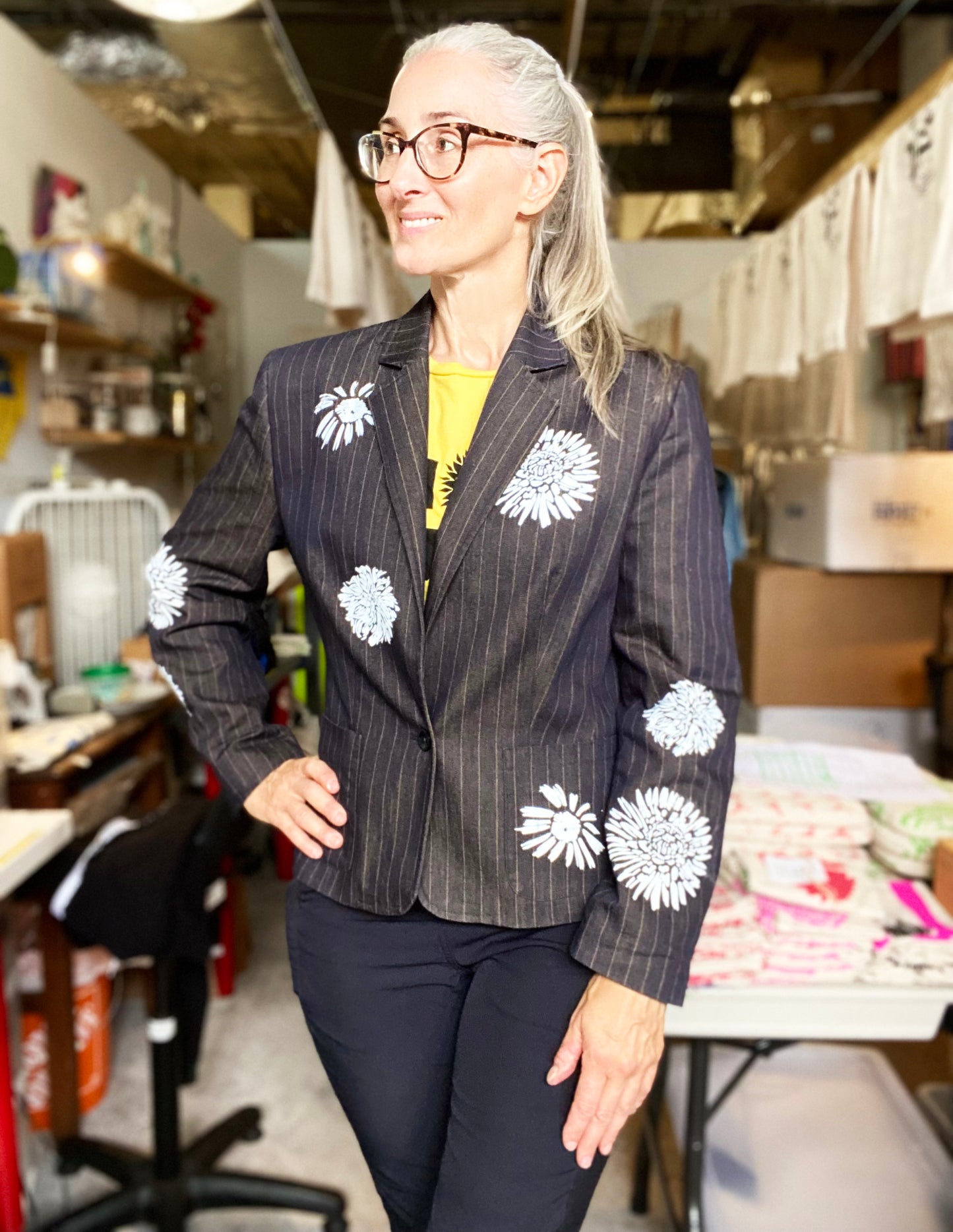 One of a Kind Hand Printed Flowers on Striped Blazer