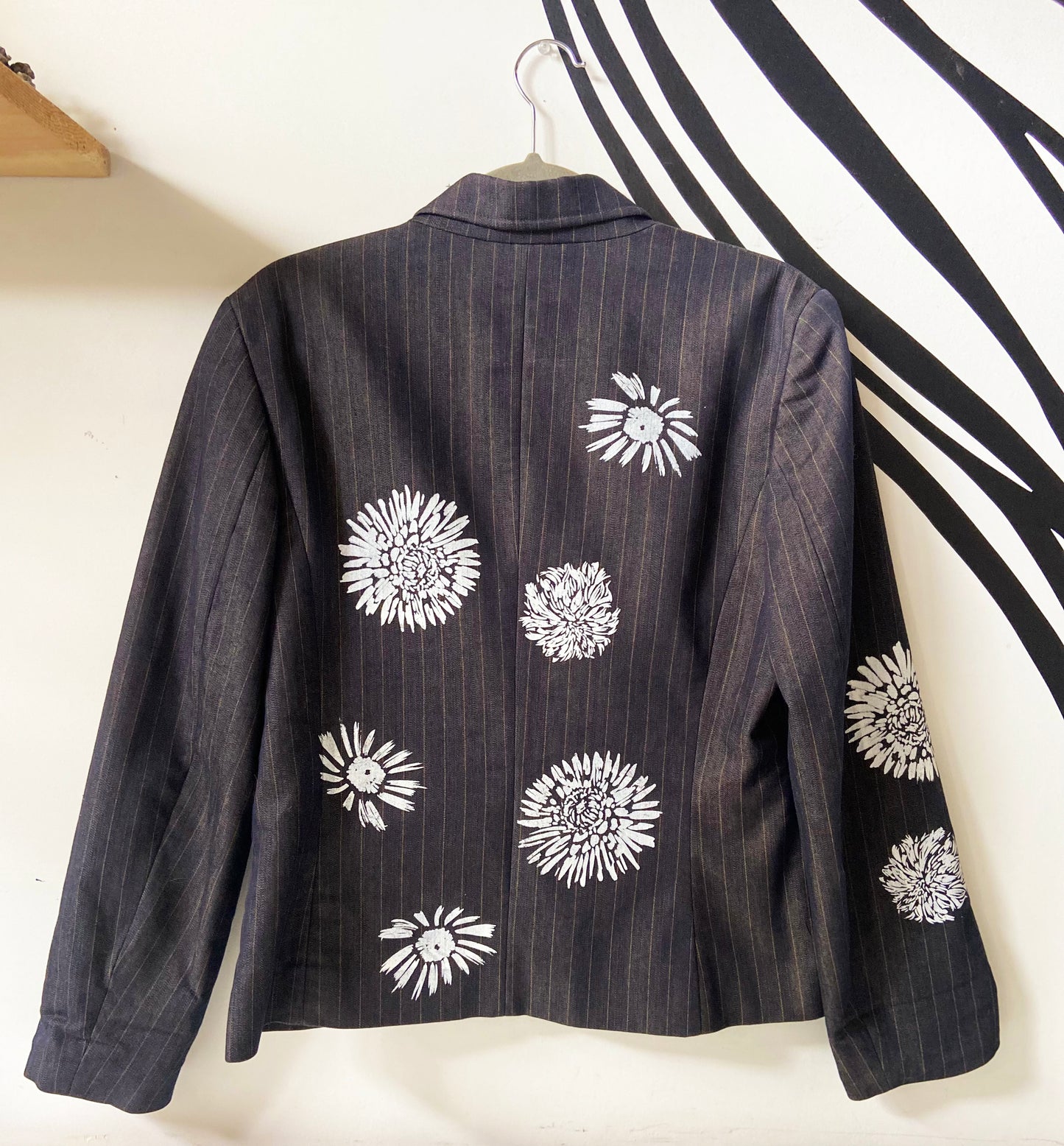 One of a Kind Hand Printed Flowers on Striped Blazer