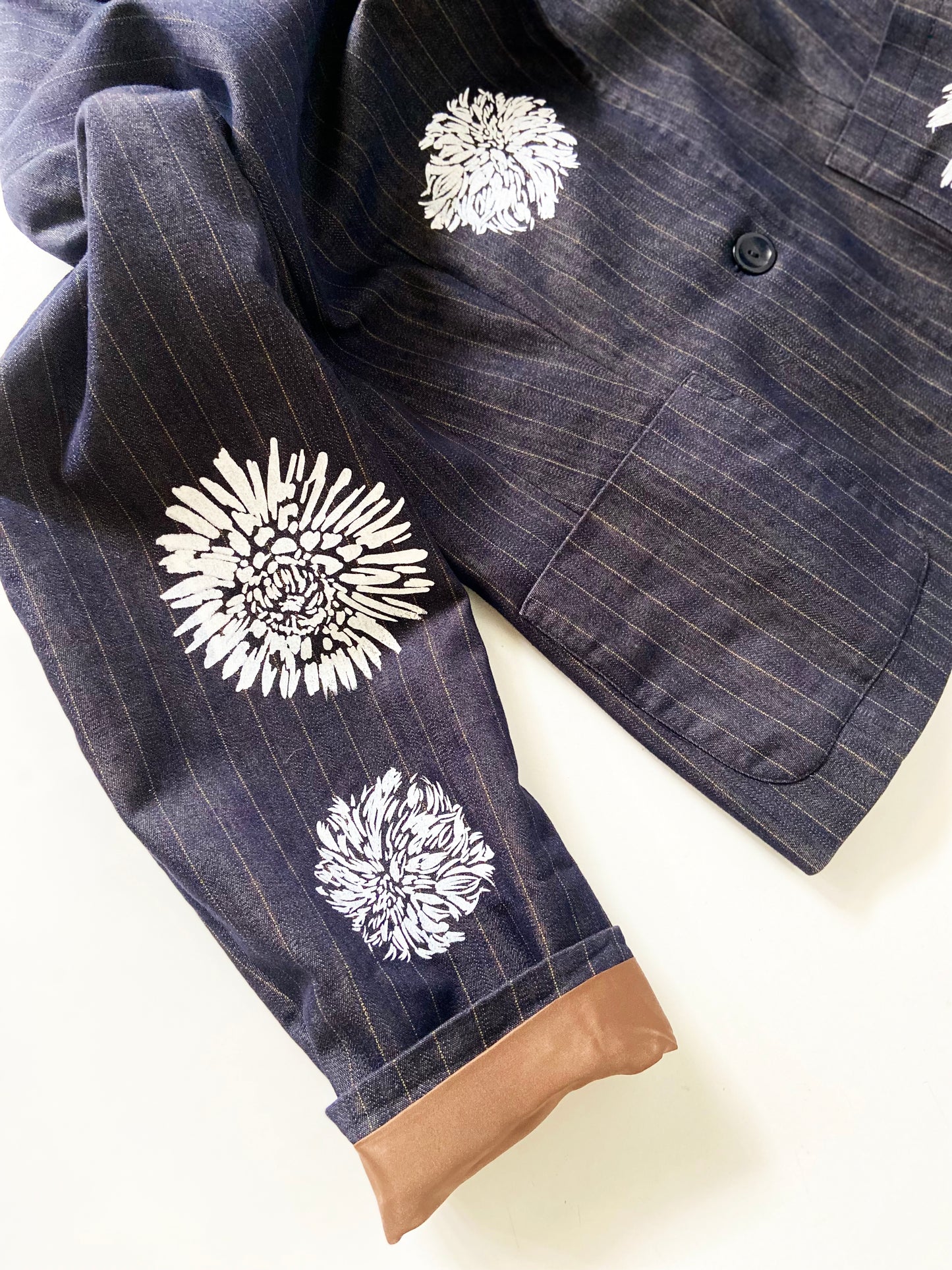 One of a Kind Hand Printed Flowers on Striped Blazer