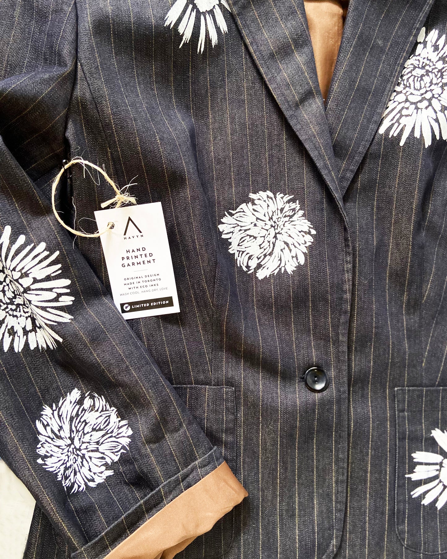 One of a Kind Hand Printed Flowers on Striped Blazer