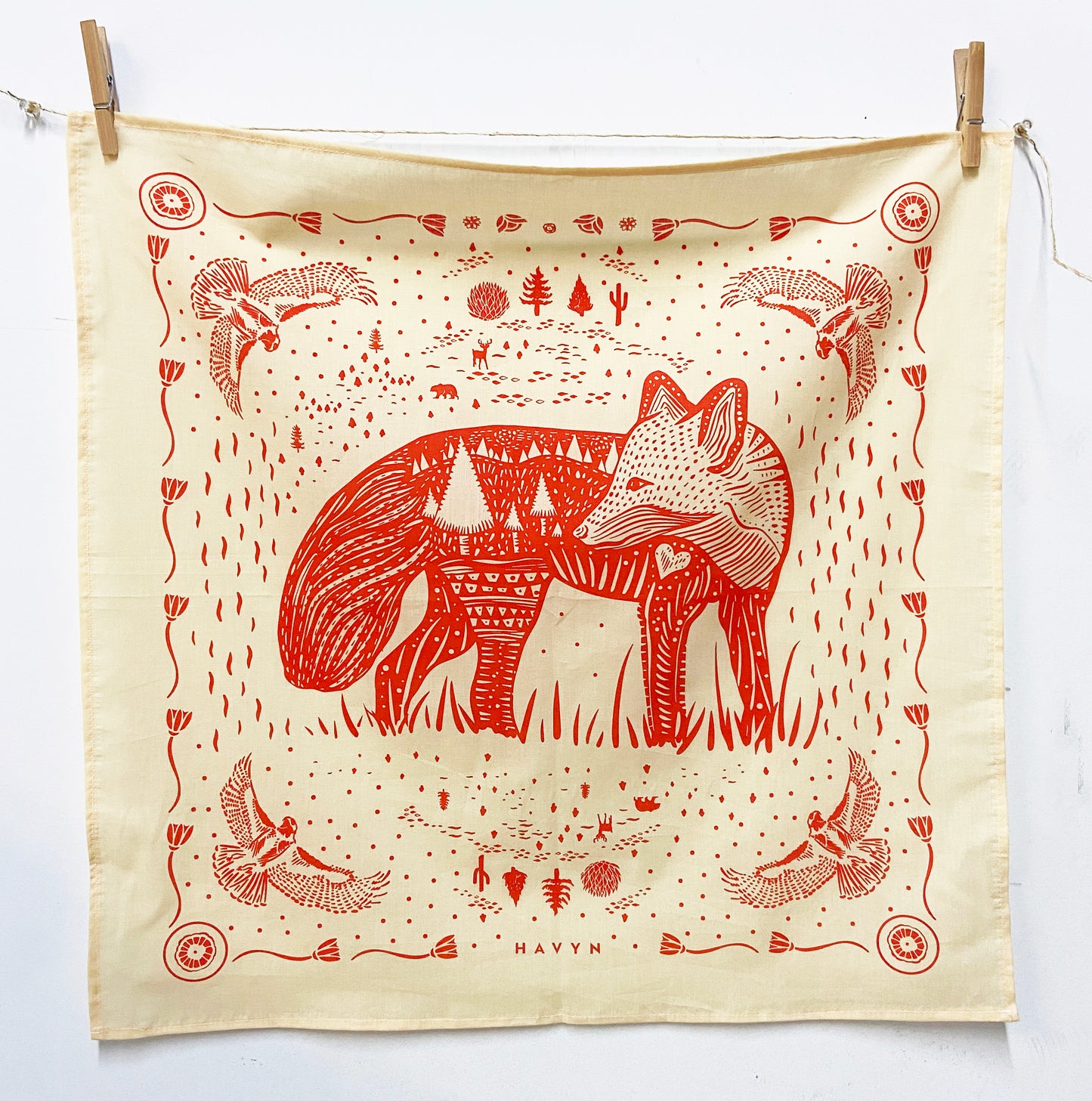 Fox Bandana | 100% Cotton | Hand Screen Printed | 22 x22 inches | All-Over Print Bandana