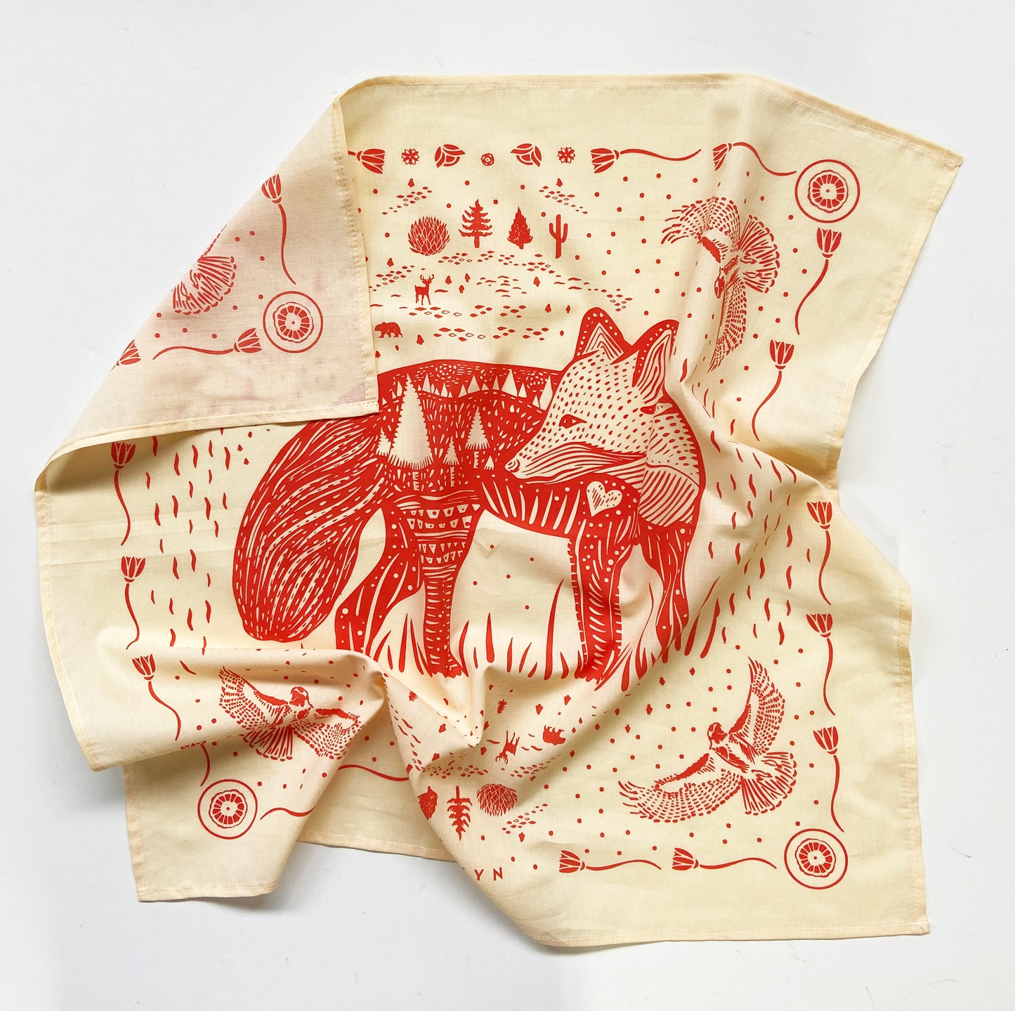 Fox Bandana | 100% Cotton | Hand Screen Printed | 22 x22 inches | All-Over Print Bandana