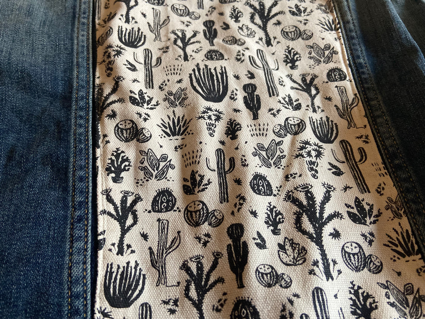 One of a Kind Upcycled Jean with Hand Printed Cactus Cotton Fabric