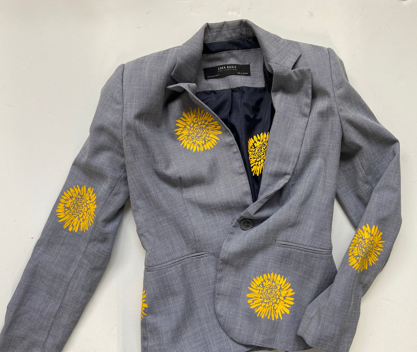 One of a Kind Upcycled Hand Printed Yellow Flowers on Blue/Grey Blazer