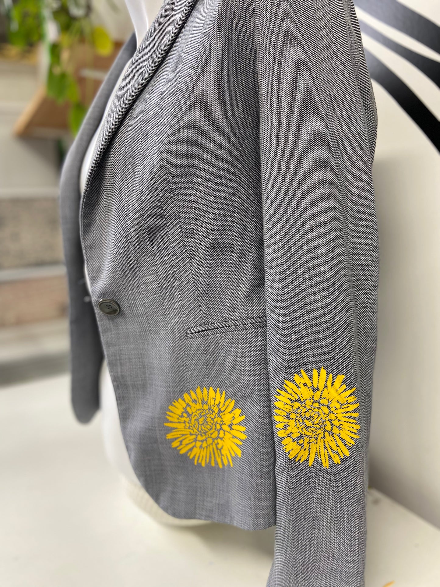 One of a Kind Upcycled Hand Printed Yellow Flowers on Blue/Grey Blazer