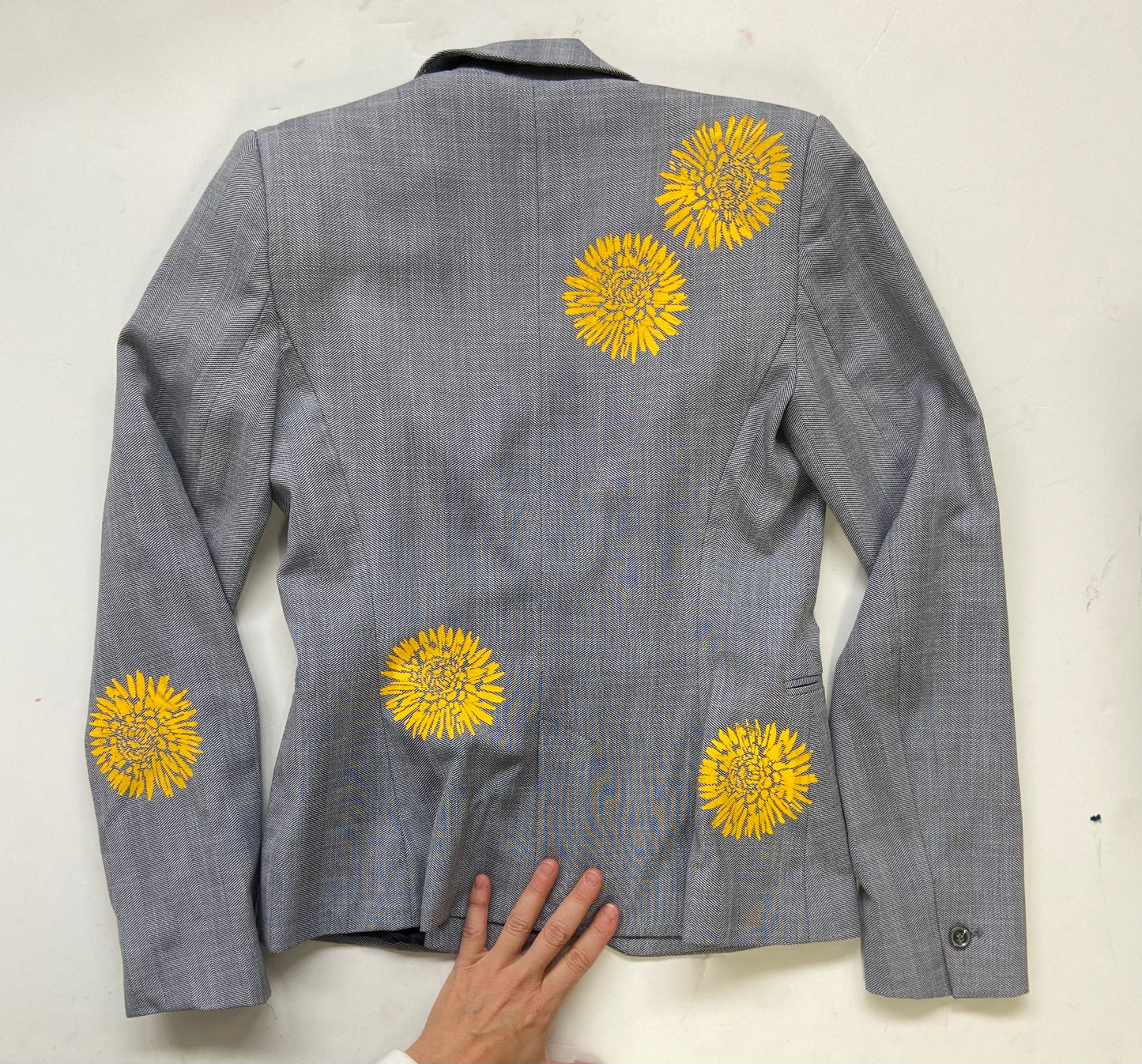 One of a Kind Upcycled Hand Printed Yellow Flowers on Blue/Grey Blazer