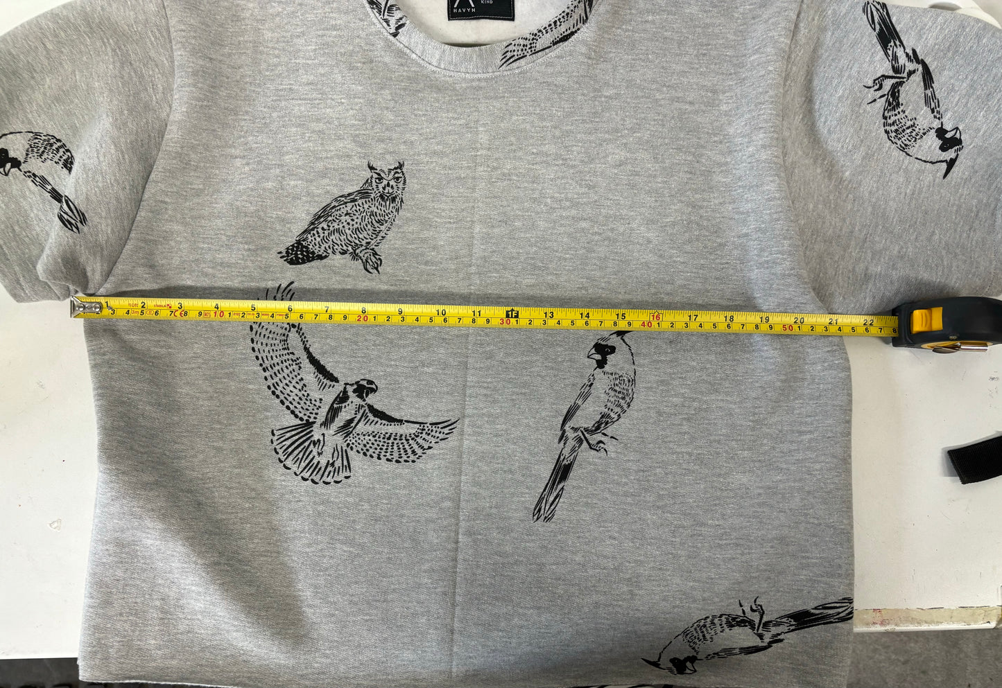 Grey Fleece Short Sleeve Sweatshirt - Black Birds - Hand Printed - One of a Kind - Apparel