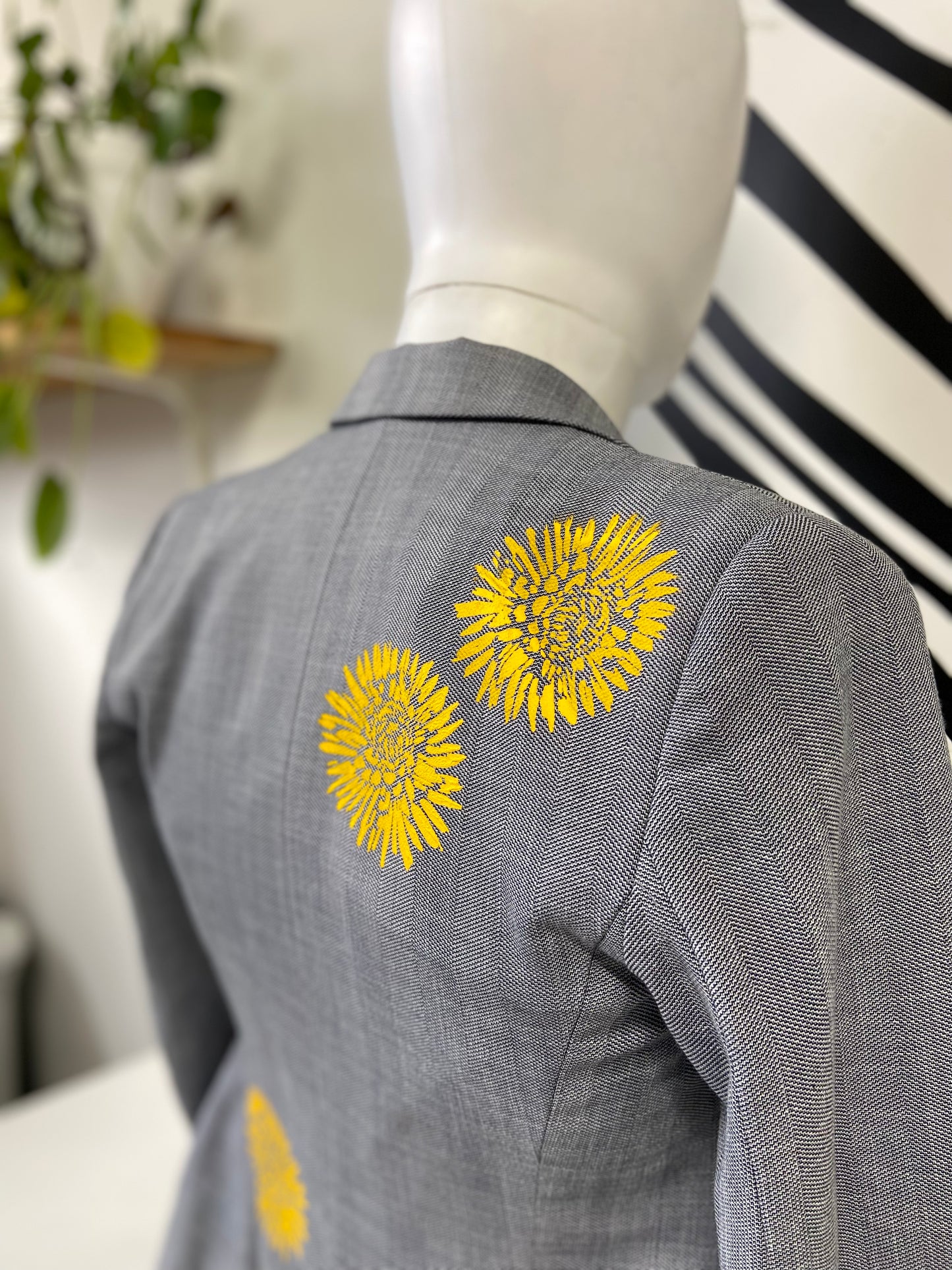 One of a Kind Upcycled Hand Printed Yellow Flowers on Blue/Grey Blazer