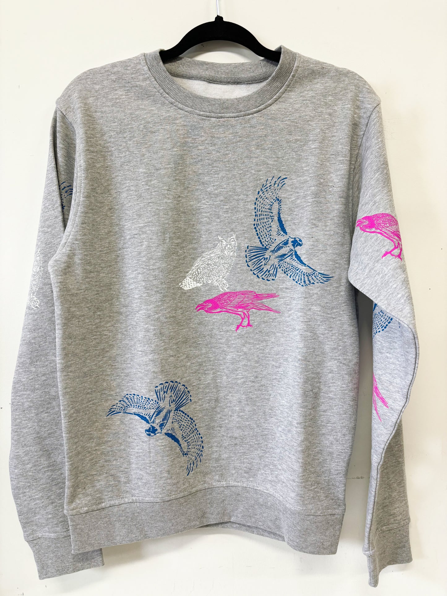 Grey Crewneck Birds - Pink Raven Blue Hawk White Owl - Hand Printed - One of a Kind - Apparel