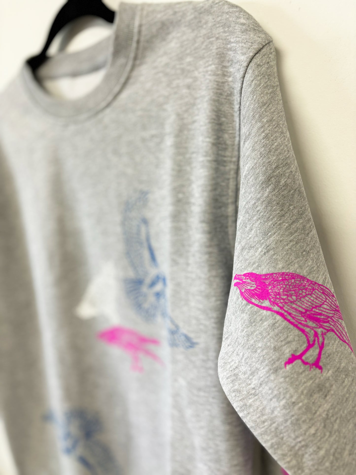 Grey Crewneck Birds - Pink Raven Blue Hawk White Owl - Hand Printed - One of a Kind - Apparel