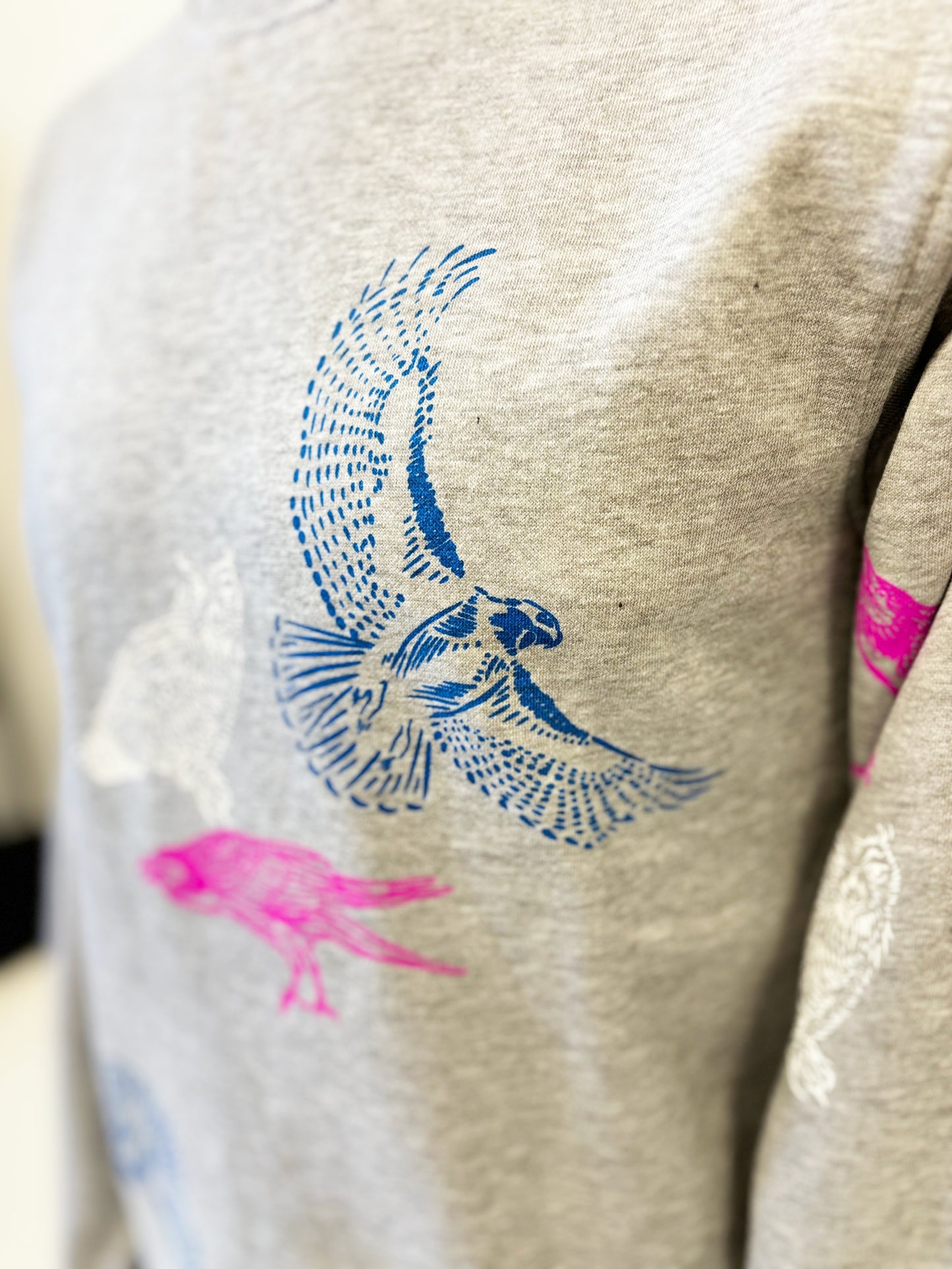 Grey Crewneck Birds - Pink Raven Blue Hawk White Owl - Hand Printed - One of a Kind - Apparel