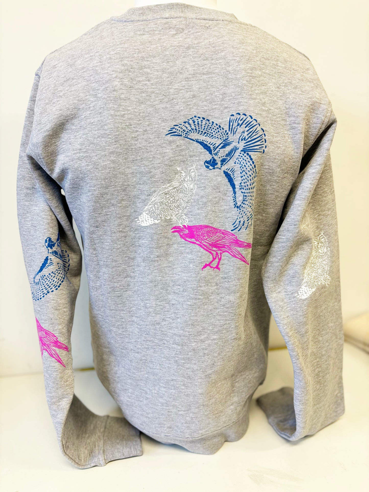 Grey Crewneck Birds - Pink Raven Blue Hawk White Owl - Hand Printed - One of a Kind - Apparel