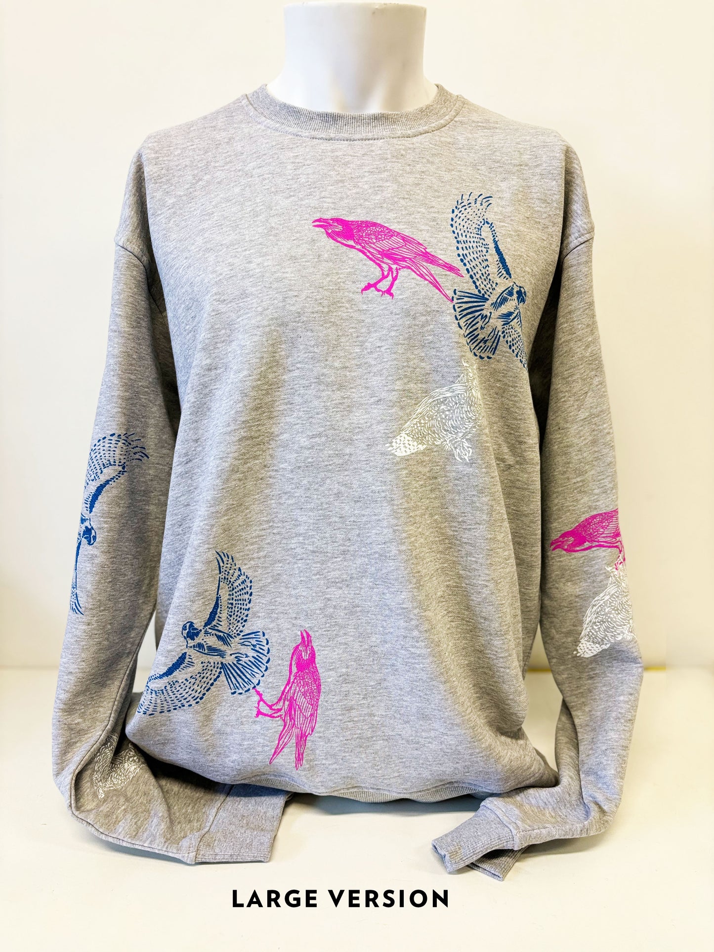 Grey Crewneck Birds - Pink Raven Blue Hawk White Owl - Hand Printed - One of a Kind - Apparel