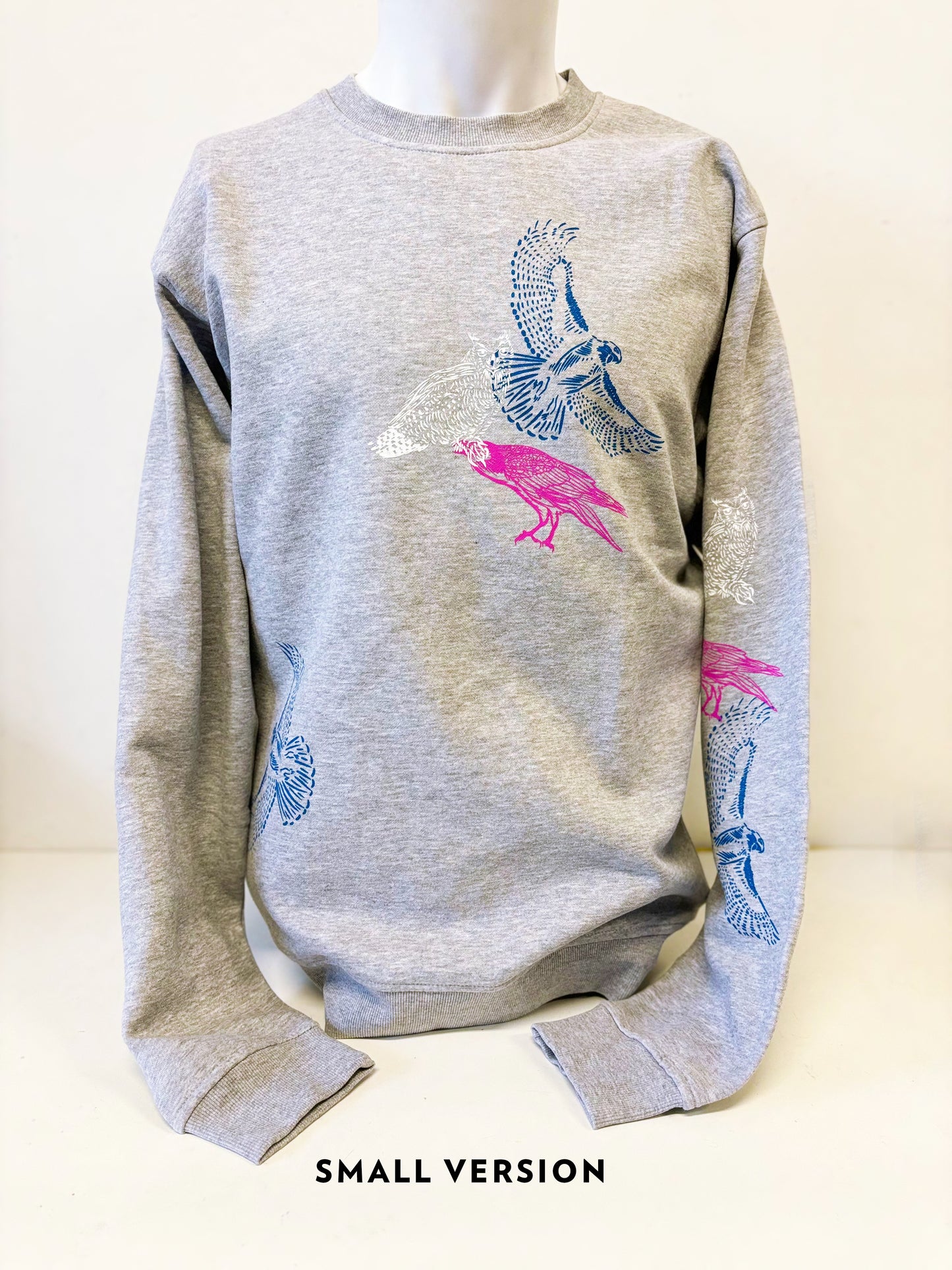 Grey Crewneck Birds - Pink Raven Blue Hawk White Owl - Hand Printed - One of a Kind - Apparel