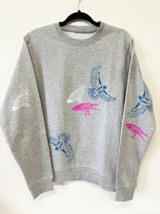 Grey Crewneck Birds - Pink Raven Blue Hawk White Owl - Hand Printed - One of a Kind - Apparel