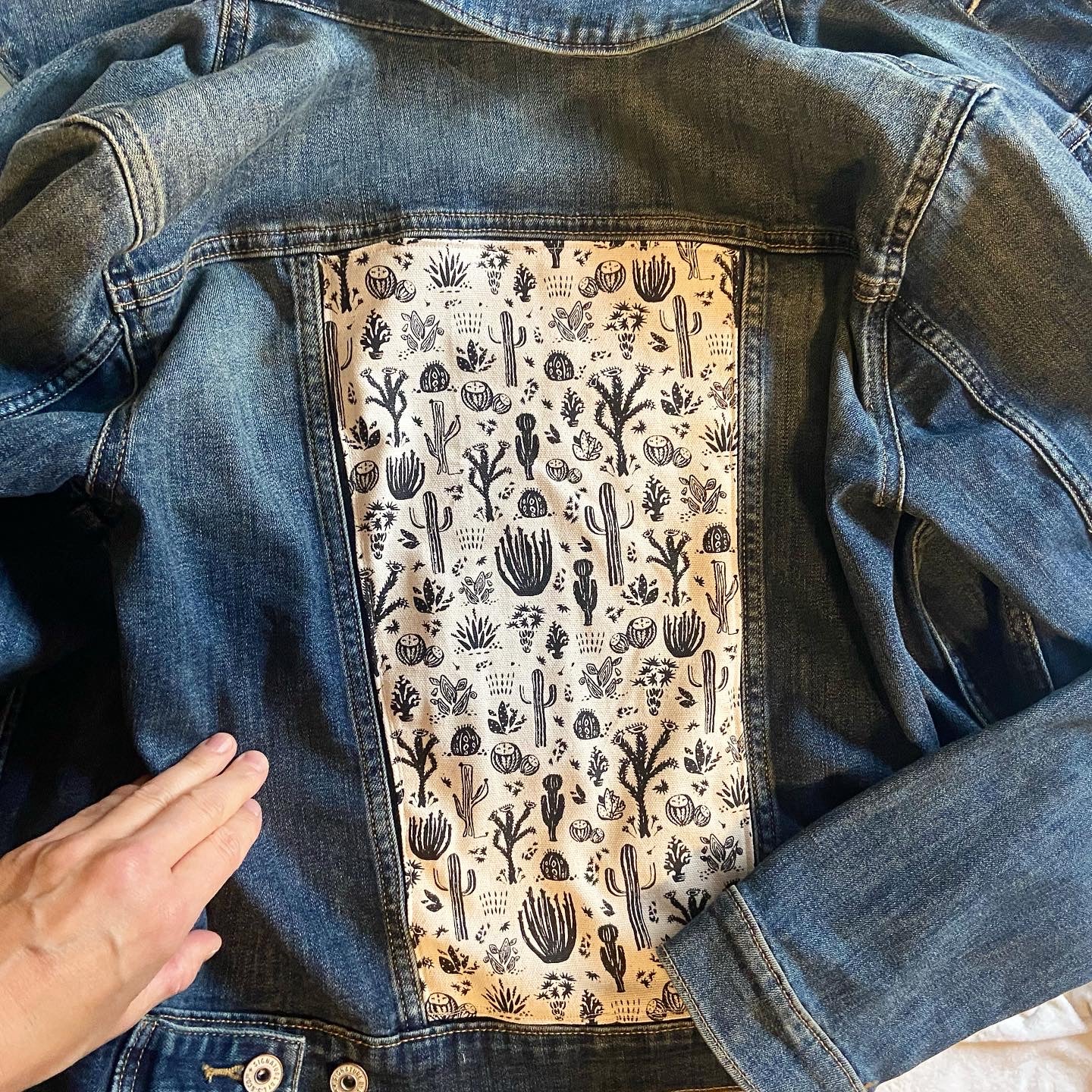 One of a Kind Upcycled Jean with Hand Printed Cactus Cotton Fabric