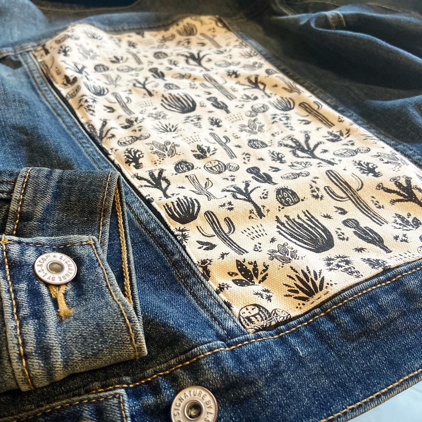 One of a Kind Upcycled Jean with Hand Printed Cactus Cotton Fabric