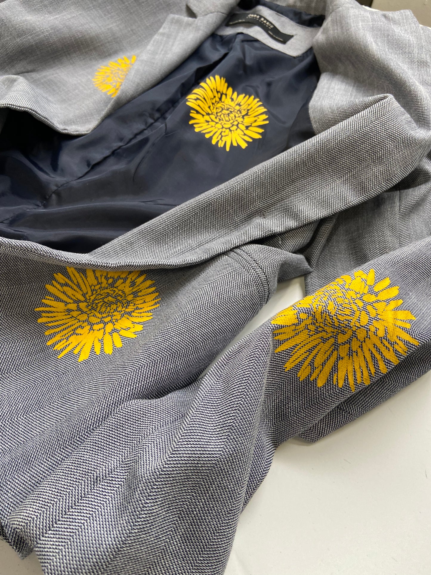 One of a Kind Upcycled Hand Printed Yellow Flowers on Blue/Grey Blazer