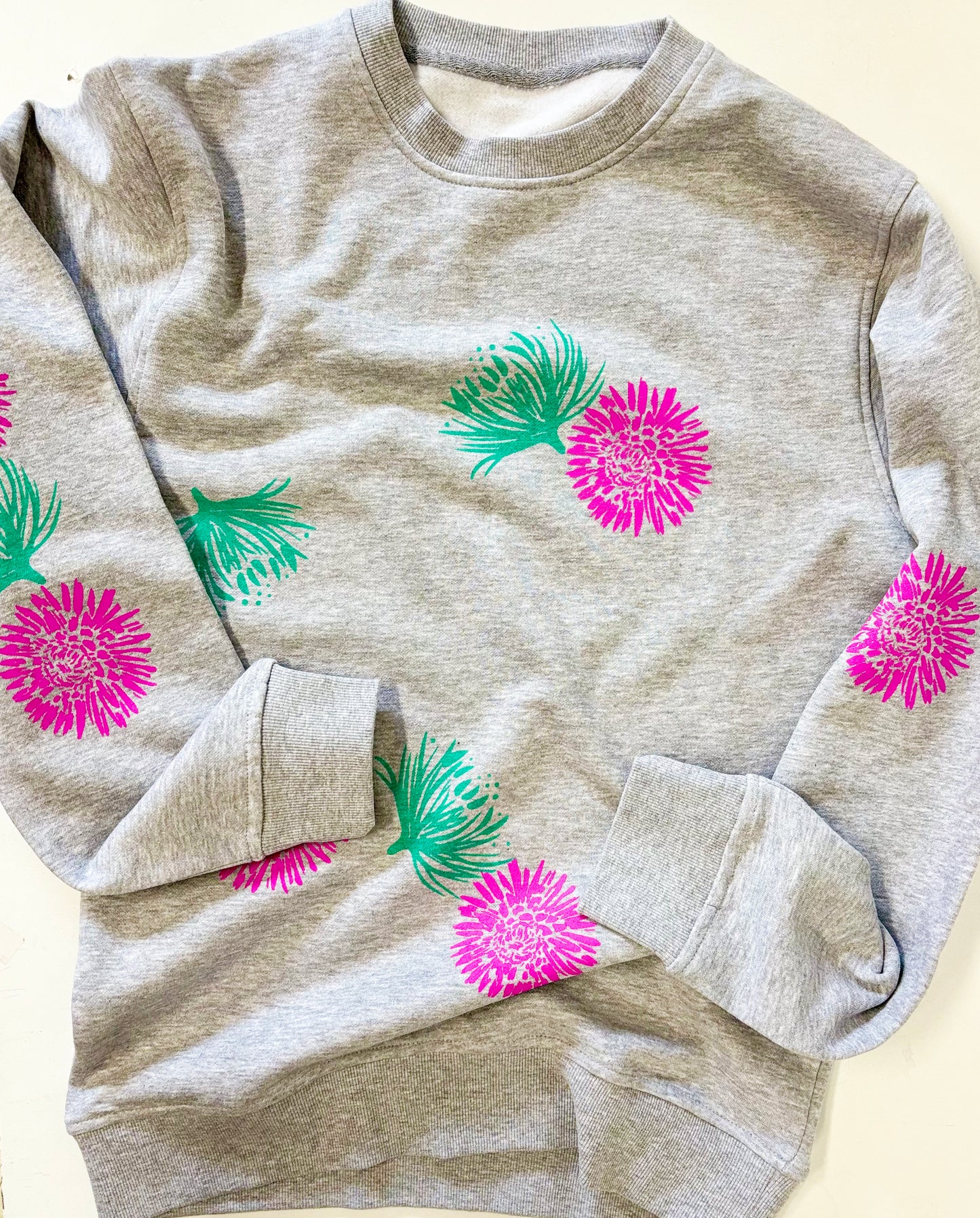 Grey Crewneck - Pink and Teal Flowers - Hand Printed - One of a Kind - Apparel