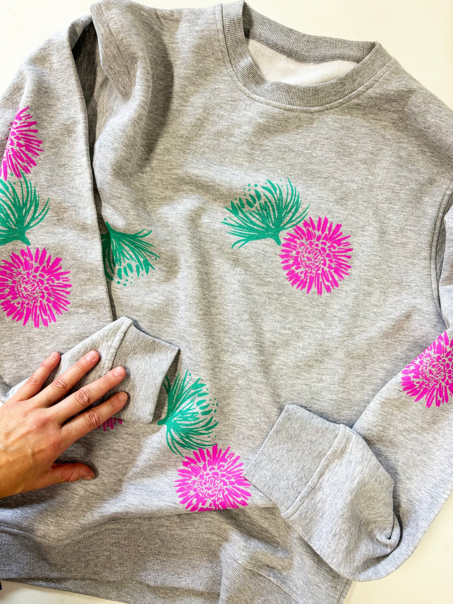 Grey Crewneck - Pink and Teal Flowers - Hand Printed - One of a Kind - Apparel