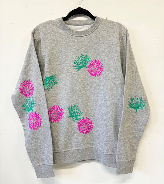 Grey Crewneck - Pink and Teal Flowers - Hand Printed - One of a Kind - Apparel