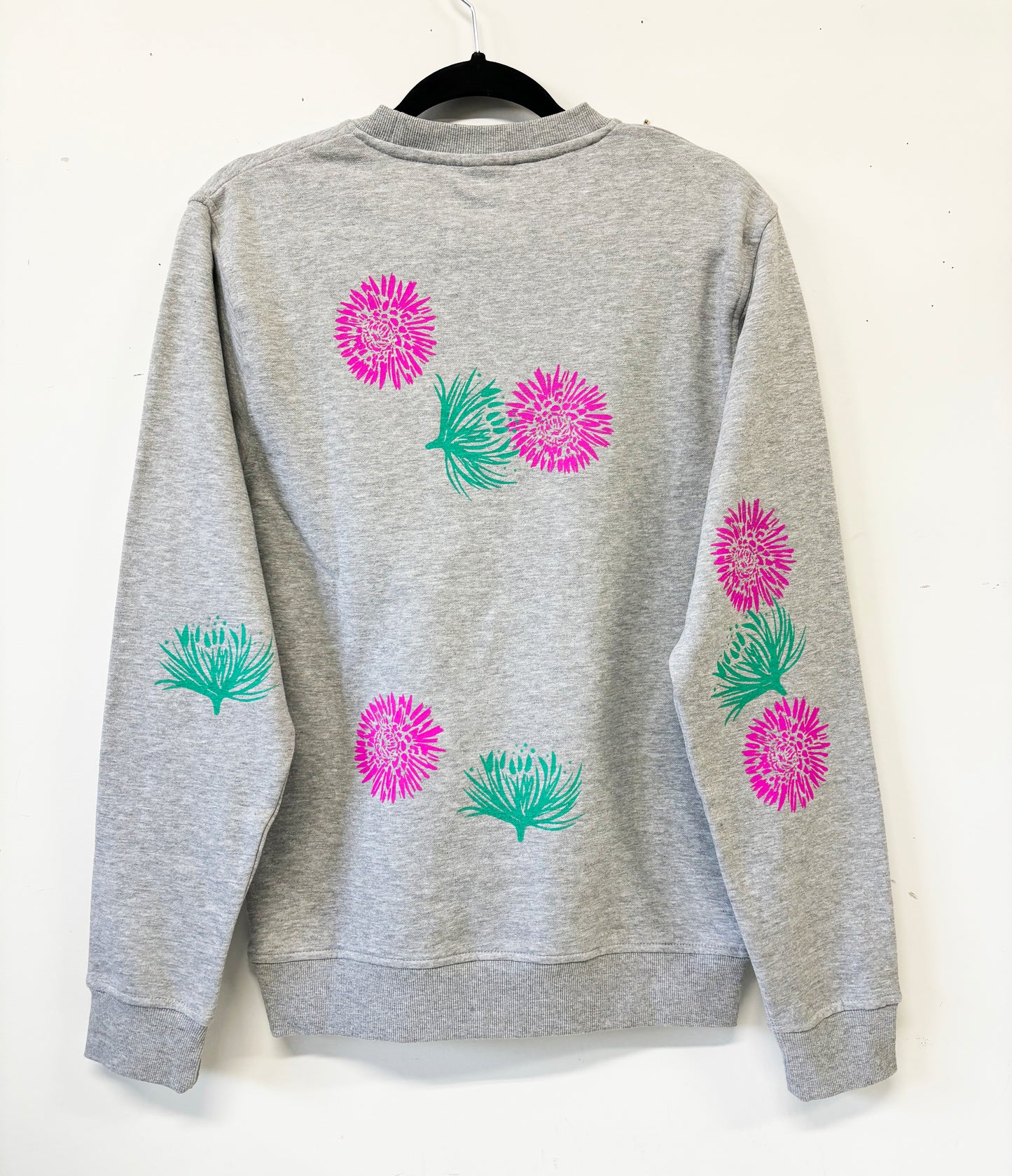 Grey Crewneck - Pink and Teal Flowers - Hand Printed - One of a Kind - Apparel