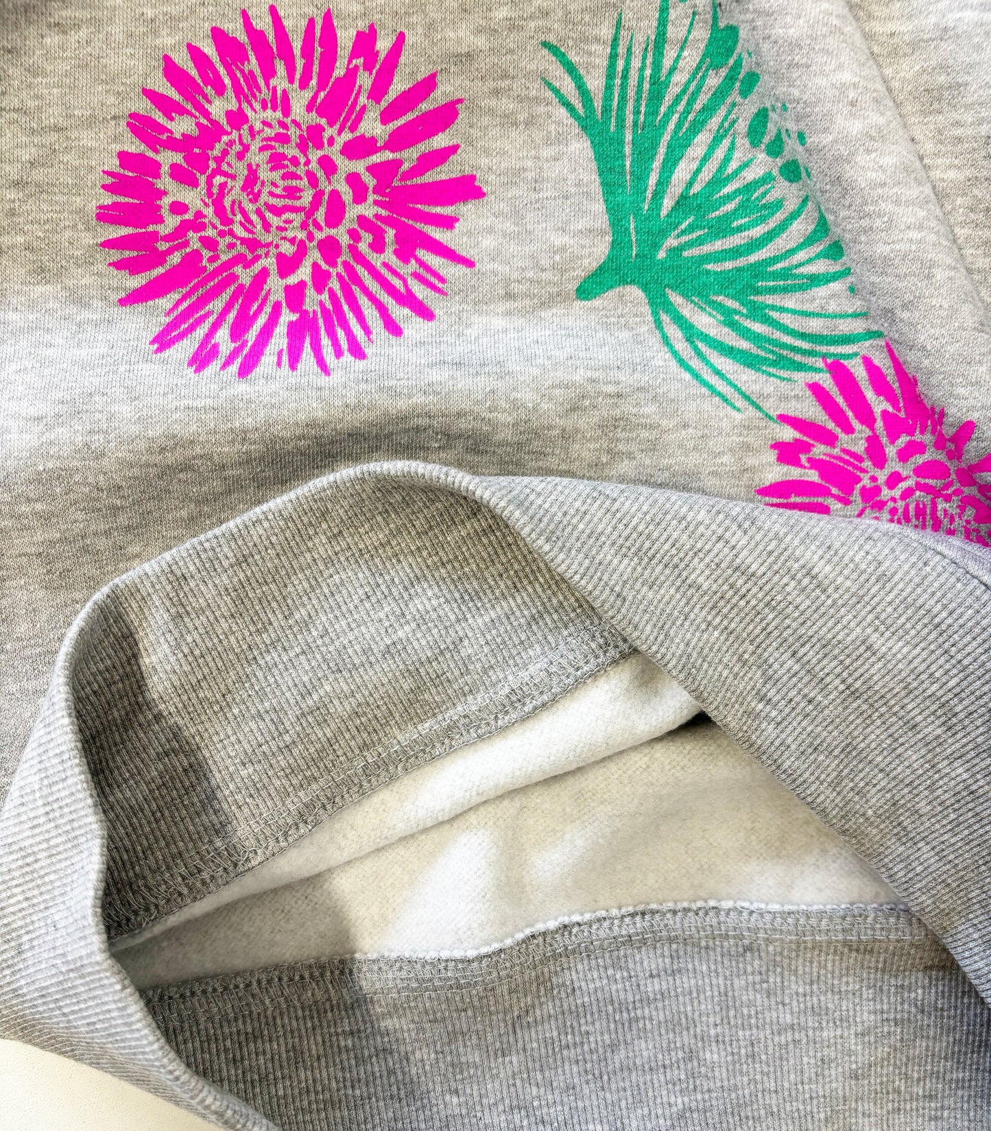 Grey Crewneck - Pink and Teal Flowers - Hand Printed - One of a Kind - Apparel