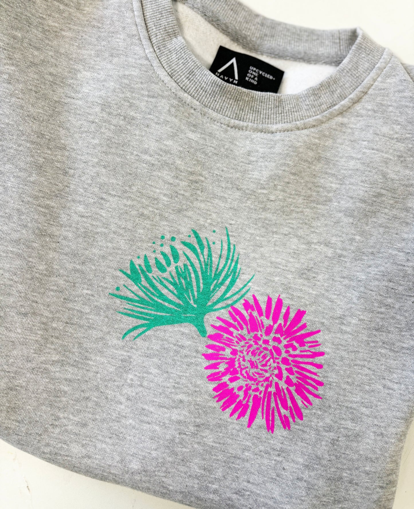 Grey Crewneck - Pink and Teal Flowers - Hand Printed - One of a Kind - Apparel