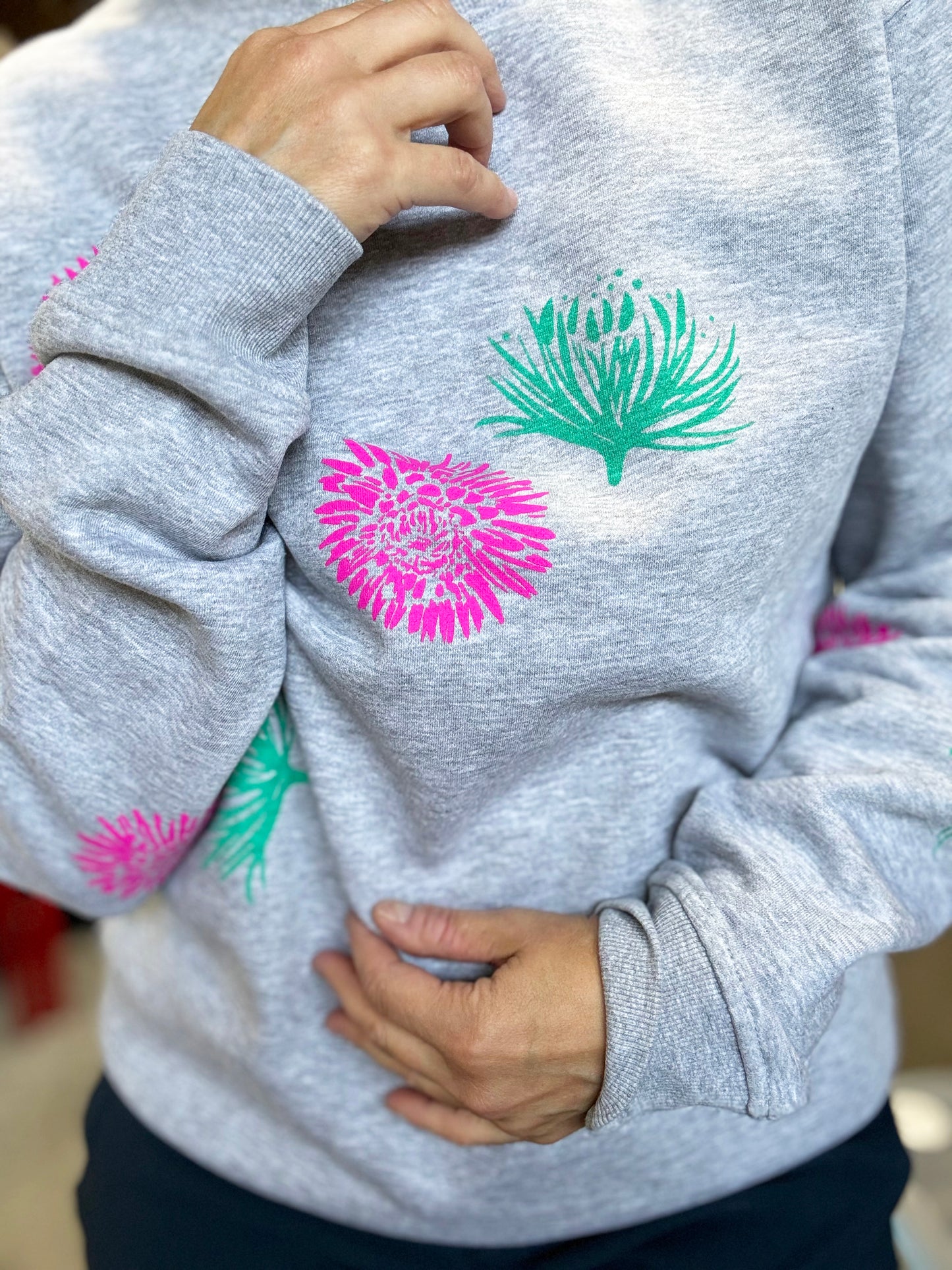 Grey Crewneck - Pink and Teal Flowers - Hand Printed - One of a Kind - Apparel