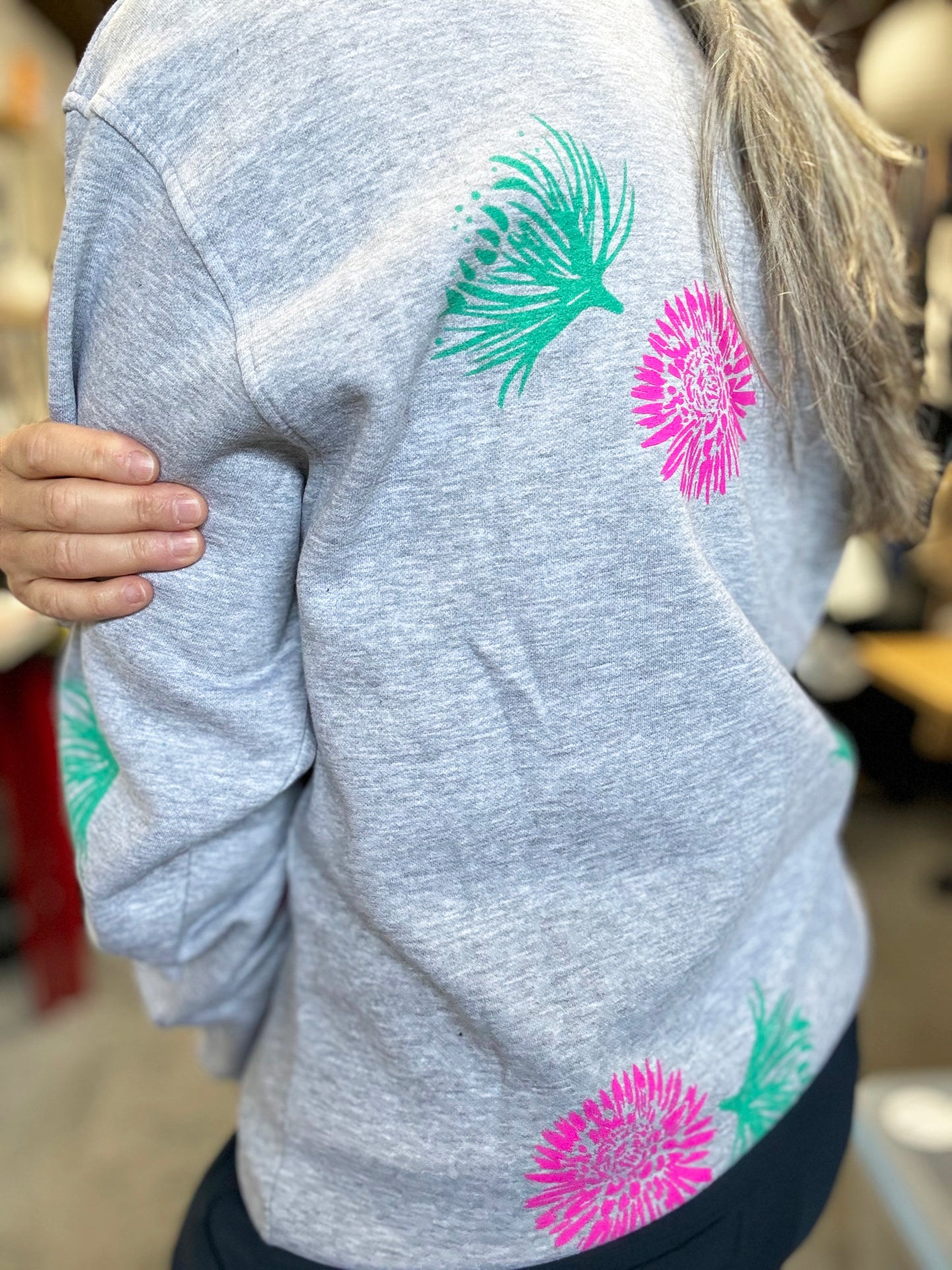 Grey Crewneck - Pink and Teal Flowers - Hand Printed - One of a Kind - Apparel