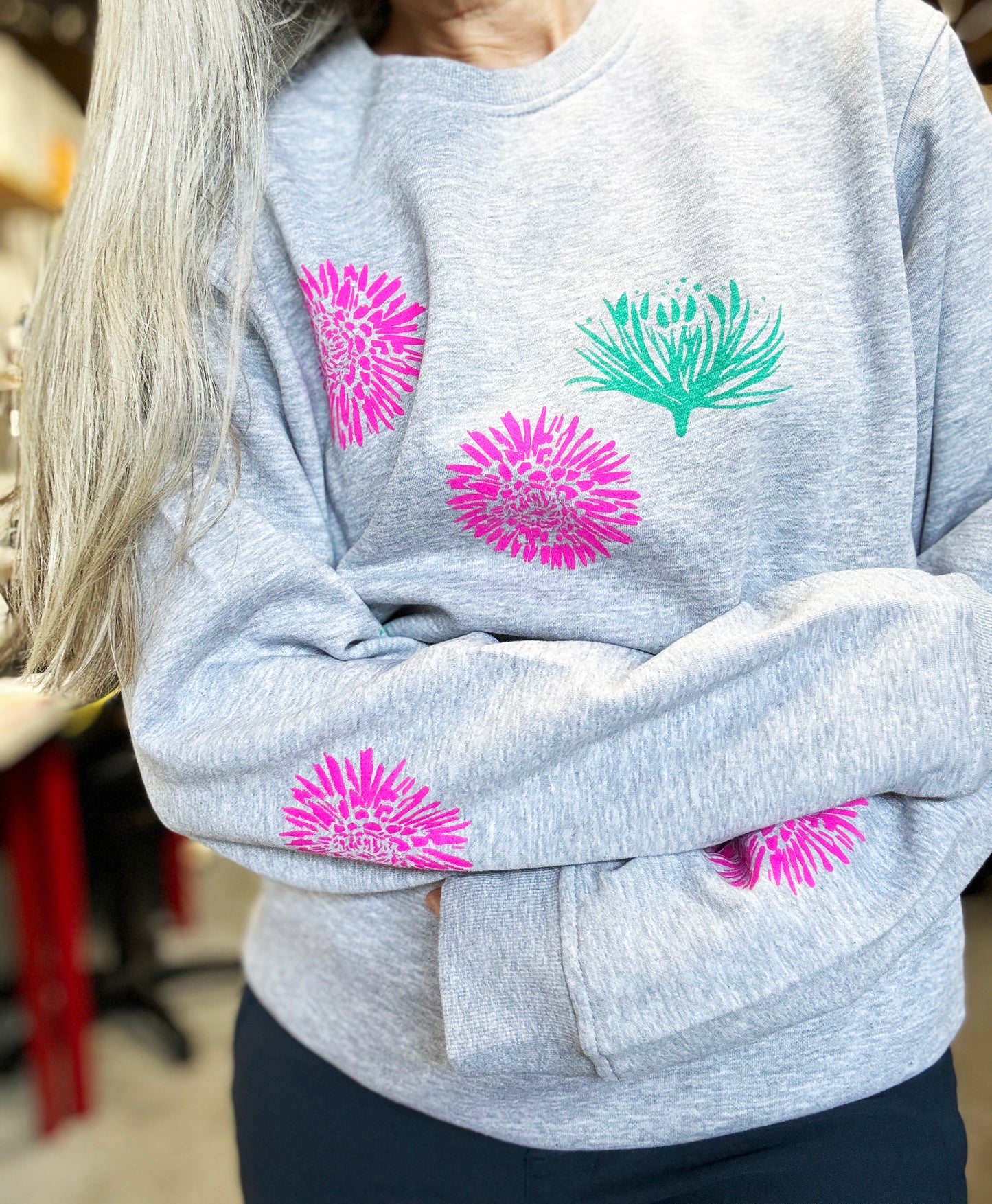 Grey Crewneck - Pink and Teal Flowers - Hand Printed - One of a Kind - Apparel