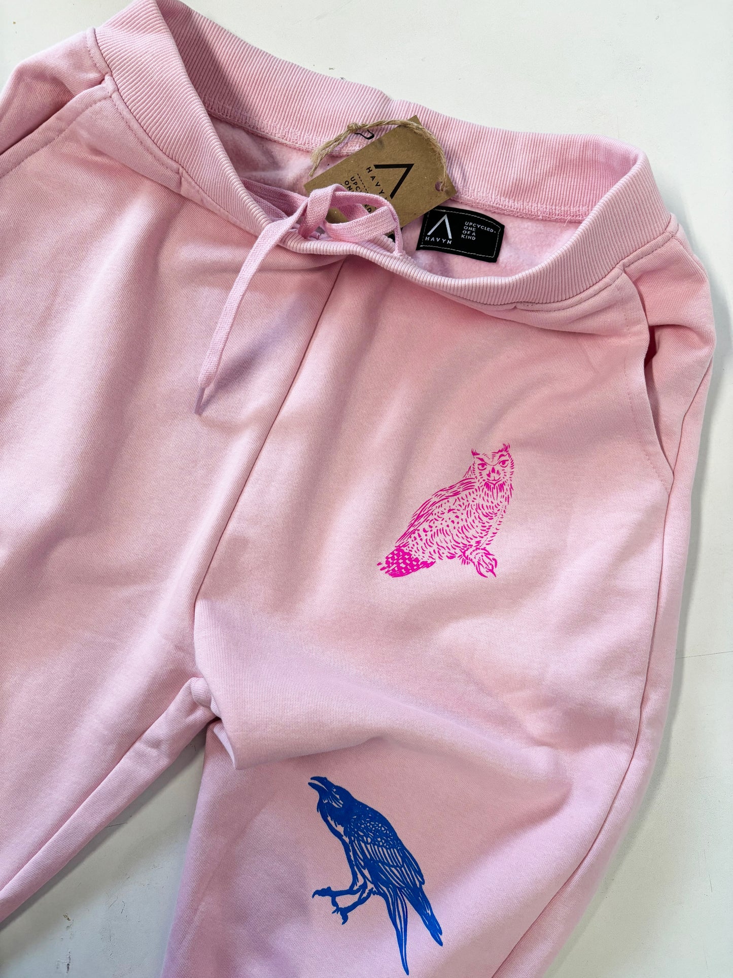 Pink Joggers - Blue Raven Pinnk Owl White Hawk - Hand Printed - One of a Kind - Apparel