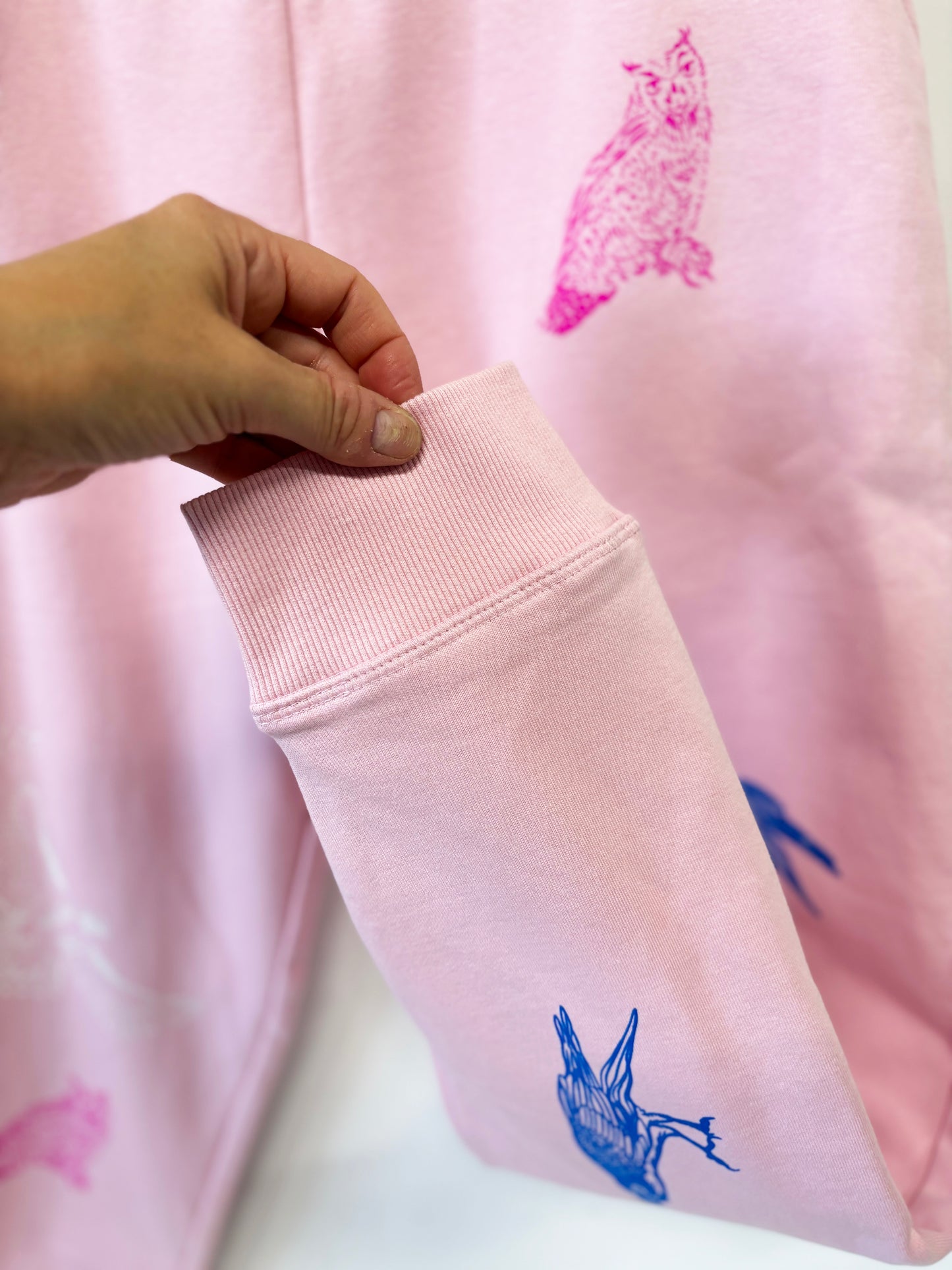 Pink Joggers - Blue Raven Pinnk Owl White Hawk - Hand Printed - One of a Kind - Apparel