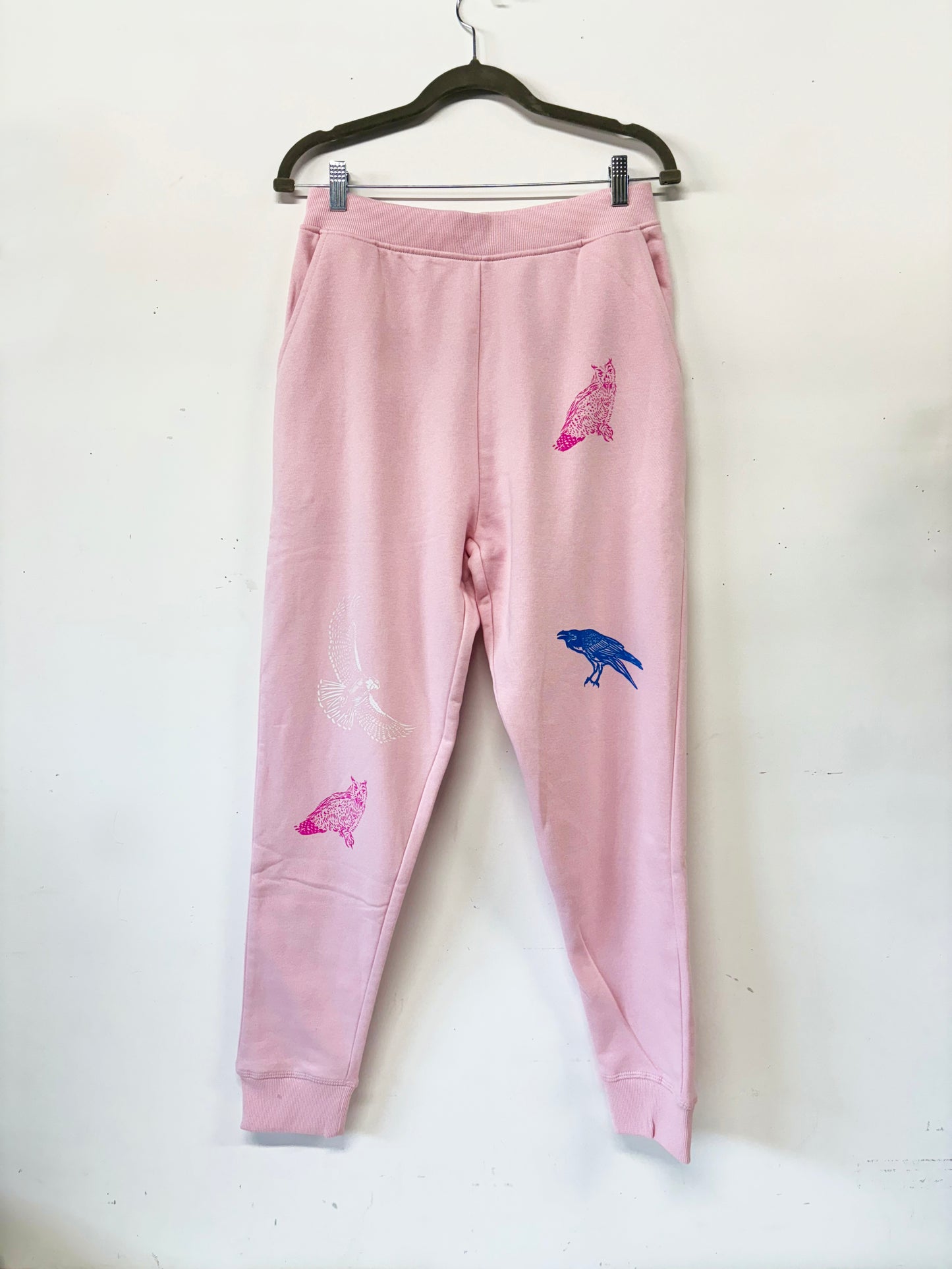 Pink Joggers - Blue Raven Pinnk Owl White Hawk - Hand Printed - One of a Kind - Apparel